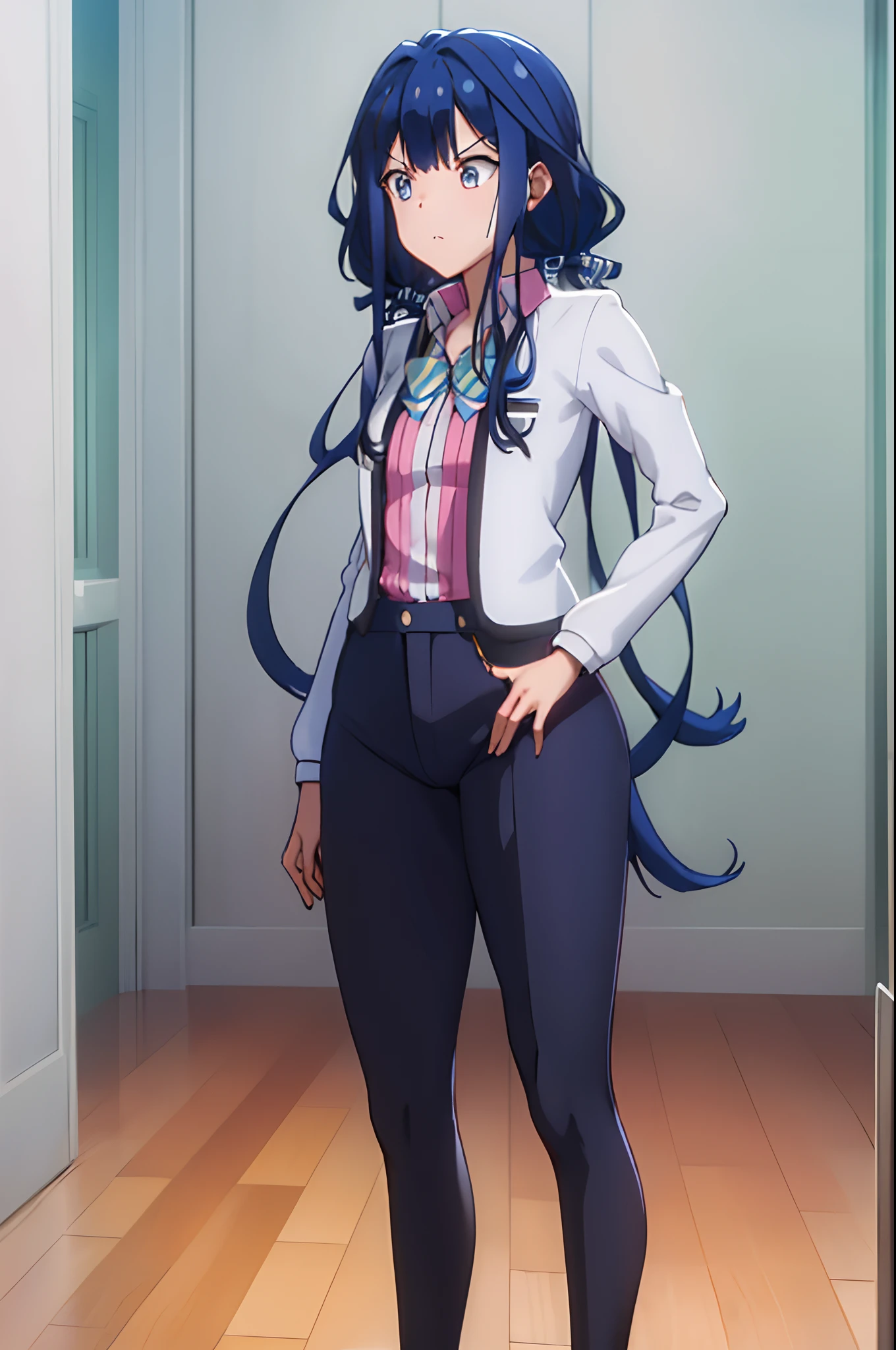 巨作, Best Quality,highres,da,twintails,,long hair,1girl, 独奏, tuxedo ,blue hair, eyes blue,low twintails,striped,tight pants ,shirt, jacket, long legs, Classroom, thighs thicc