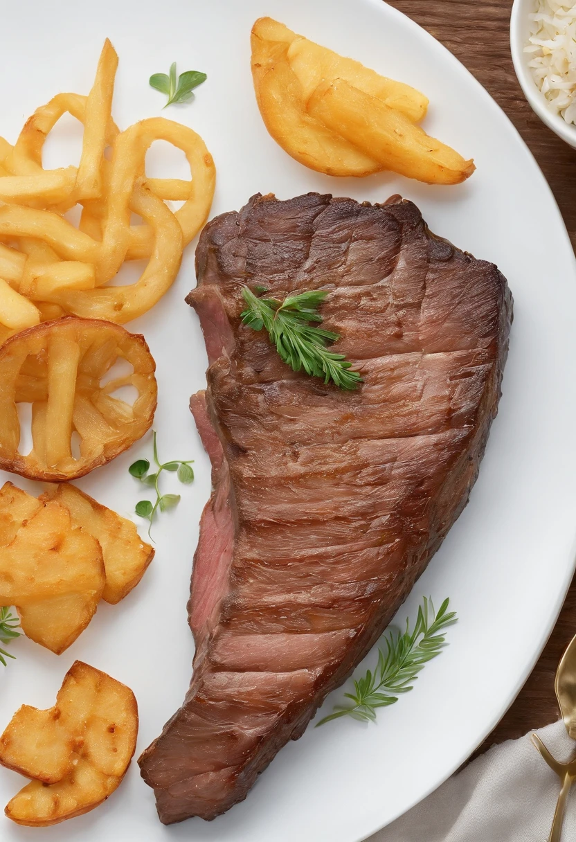 um prato de bife com arroz e batata frita delicioso, cinemactic, fotografia profissional, studio illumination, studio background, advertising photography, detalhes intrincados, hiper-detalhado, ultra realista, 8K UHD
