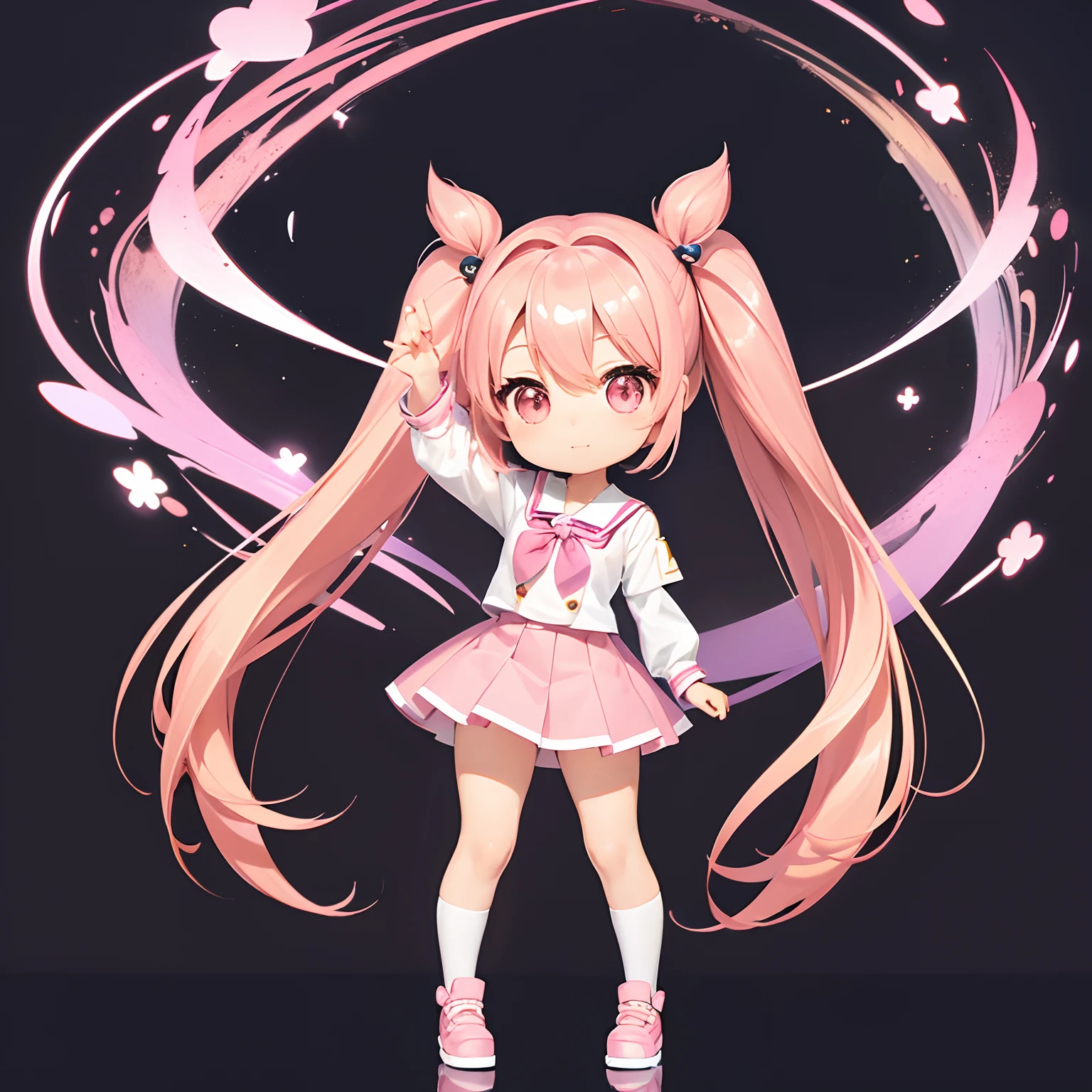 Very cute and (Beautiful Chibi Anime Girl), Solo, Simple background, Beautiful twin tails*Pink* hair,  Beautiful detailed *Pink* High School Uniform, Full body, Standing, high detailed face and *Pink* Eyes, Clearly outlined