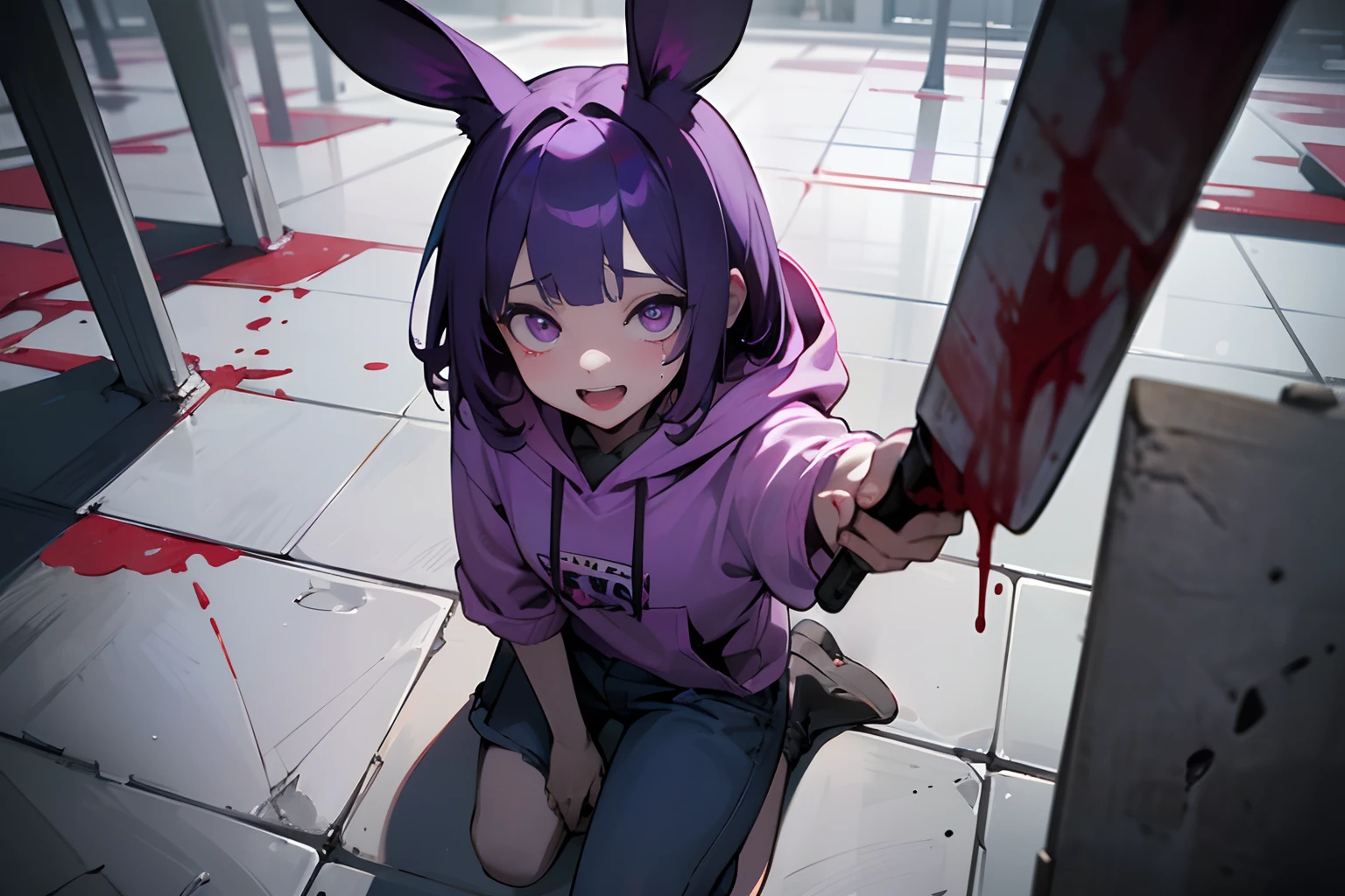 ((Masterpiece)), (High Definition:1.3), Beautiful,(Masterpiece), 8K, from above, wide shot, Super detail, Realistic, Beautiful photo, Textured skin, cinematic lighting,(beautiful medium bob、Black rabbit ears、Pretty oversized pink hoodie、spurt of blood, Tattered short trousers of jeans fabric、very glowing Purple eyes 、Crazy Eyes)、(the floor is wet with a large pool of blood、Sit on the ground、Holding a knife in your hand、Eerie and inorganic white concrete room)((Masterpiece))、get blush、Big purple eyes, big Open your mouth and crazy smile、purple color hair、Cute Beautiful Girl, sweaty