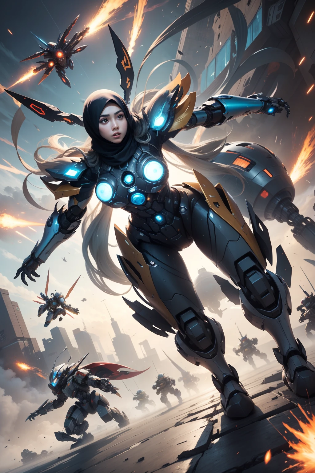 Illustrate the Malay girl in hijab as a mecha hero in a dramatic mid-air battle against a swarm of robotic adversaries, showcasing her agility and combat skills