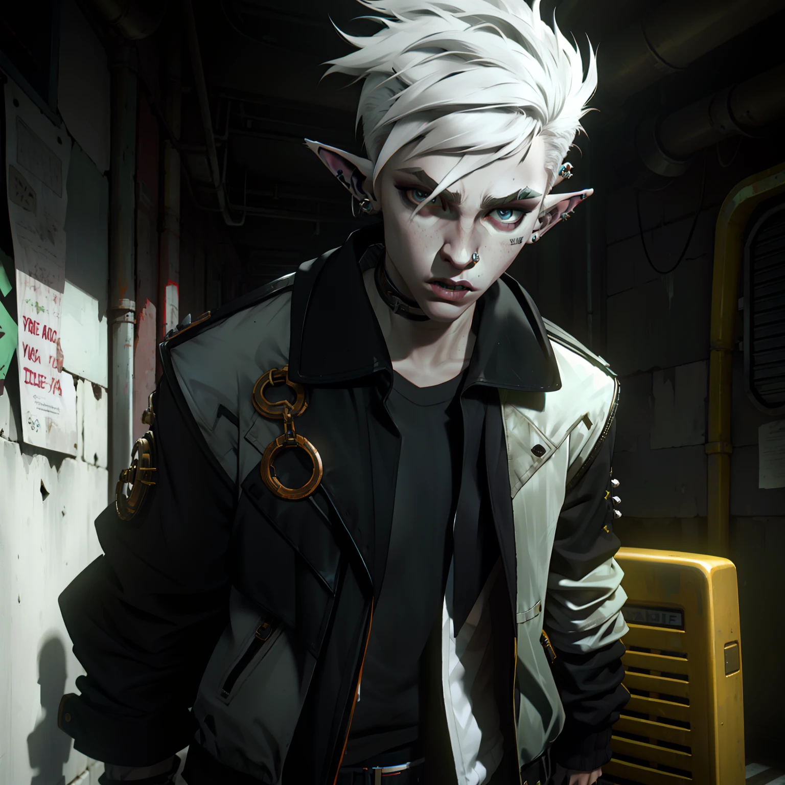 pale skinned athletic male with messy white hair hanging over his face, wearing punk jacket, wearing punk pants, wearing collar, has elf pierced ears, grungy, solo, alone