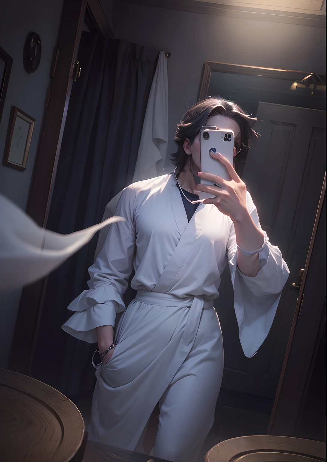 This is mirror photo. Classic anime. Normal outfit. Ghost.