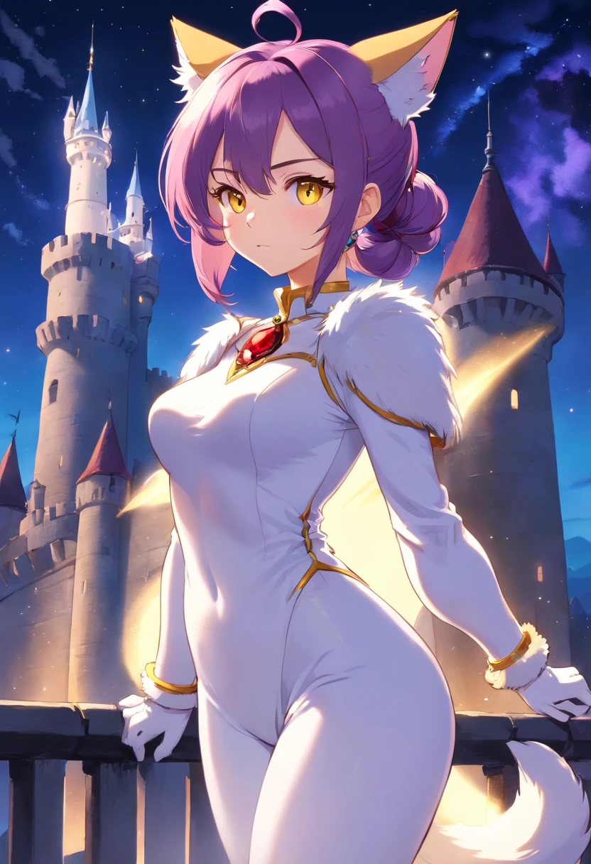 masterpiece, best quality, highres, Blaze The Cat, 1girl, gold necklace, white jumpsuit, animal_ears, closed_mouth, red forehead_jewel, fur-trimmed_gloves, fur_trim, furry, furry_female, gloves, long_sleeves, purple_coat, purple_hair, solo, standing, tied_hair, topknot, white_gloves, white_pants, yellow_eyes, tail, photo background, night sky, castle, solo, shooting star, star \(sky\), perfect hands, perfect anatomy