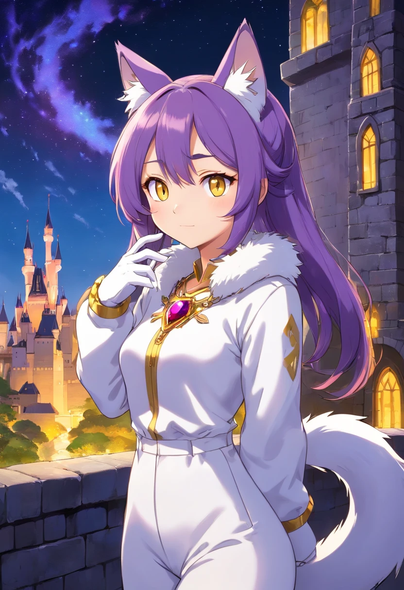 masterpiece, best quality, highres, Blaze The Cat, 1girl, gold necklace, white jumpsuit, animal_ears, closed_mouth, red forehead_jewel, fur-trimmed_gloves, fur_trim, furry, furry_female, gloves, long_sleeves, purple_coat, purple_hair, solo, standing, tied_hair, topknot, white_gloves, white_pants, yellow_eyes, tail, photo background, night sky, castle, solo, shooting star, star \(sky\), perfect hands, perfect anatomy