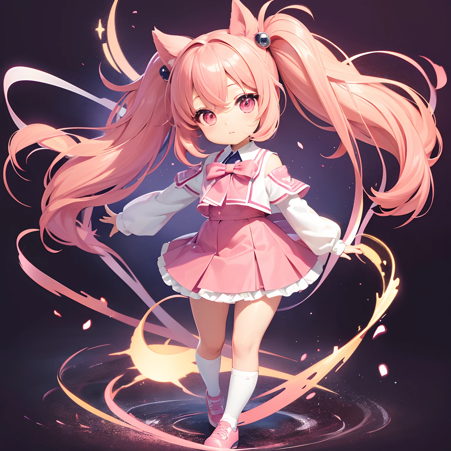 Very cute and (Beautiful Chibi Anime Girl), Solo, Simple background, Beautiful twin tails*Pink* hair, Beautiful detailed *Pink* High School Uniform, Full body, Standing, high detailed face and *Pink* Eyes, Clearly outlined