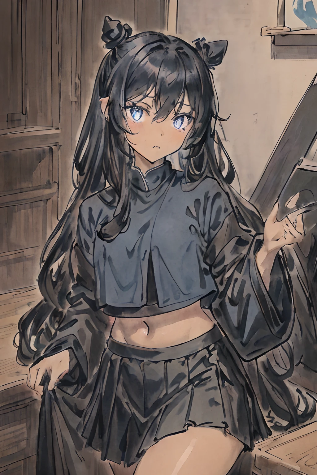 (masterpiece, best quality), 1 girl, deadpan expression, dark tan skin, long black wavy hair with two small half buns, soft blue eyes, wearing a black jacket decorated with a ribbon, a plain black crop top and a plain black skirt, detailed digital anime art, detailed portrait of anime girl, clean detailed anime art, anime style illustration, portrait of an anime girl