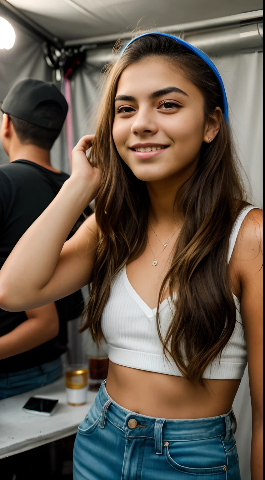 Candid photo of a 20-year-old ager partying backstage, Cara detallada, HDR, foto realista, foto ocasional, Aspecto casual, fotorrealista, Beautiful, 8k UHD, alta calidad, Film grain, Fujifilm XT3