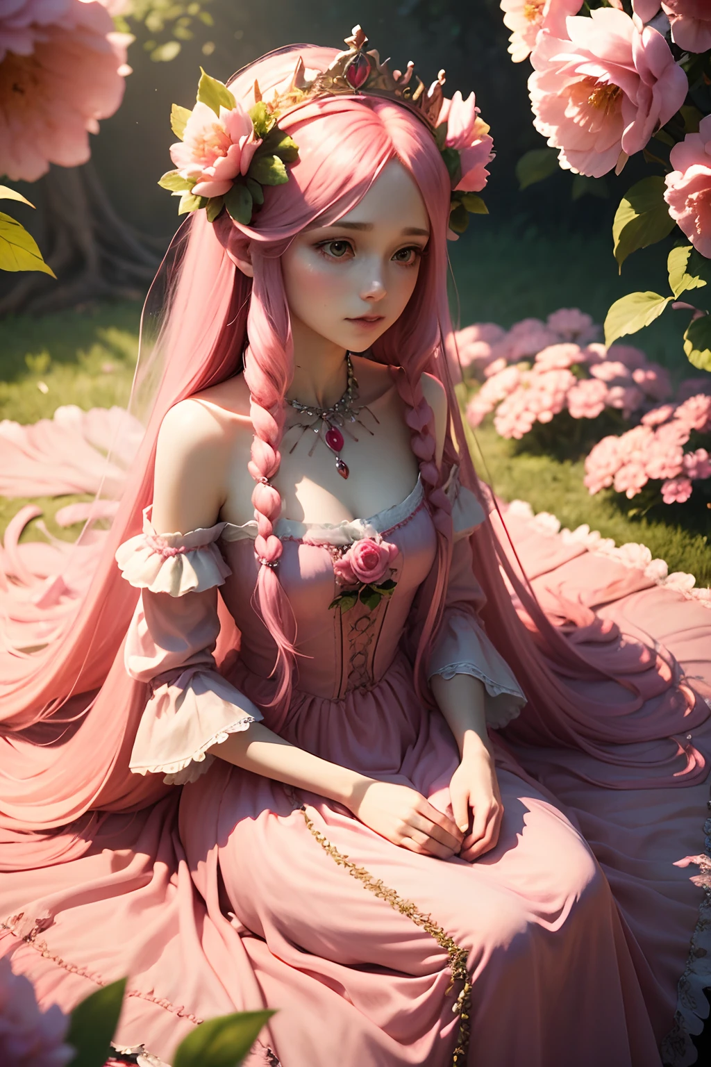 A strawberry fairy,Long pink hair,She is a mature and beautiful royal sister,Wears a strawberry crown on his head,Wearing a pink dress with leaky shoulders,Sitting in a sea of pink flowers,k hd,3D,prette,Exquisitely