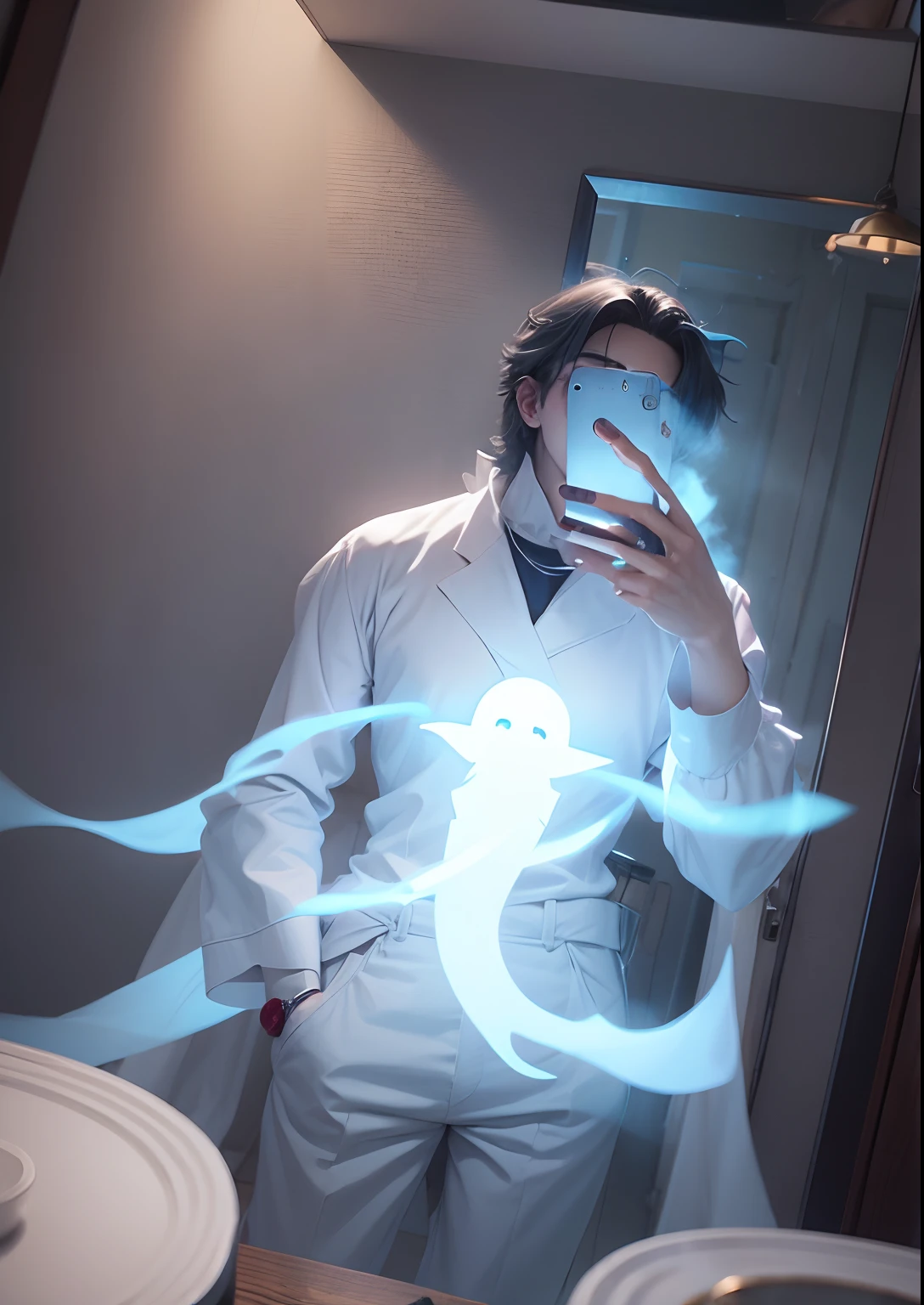 This is mirror photo. Classic anime. Normal outfit. Ghost.