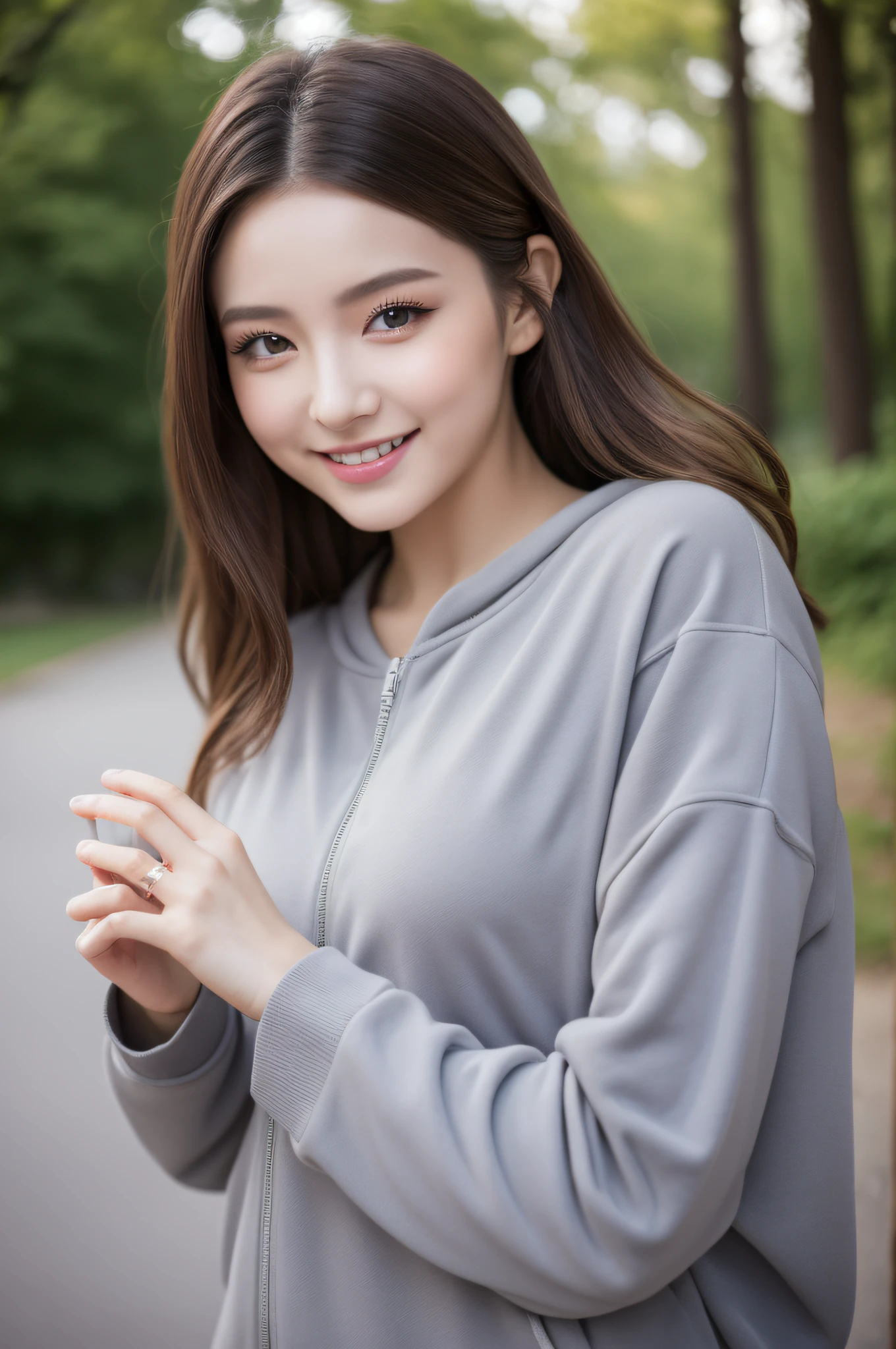 1 girl, Light make up, pretty, 23years old, beautiful eyes, nature, fashion, jogging in the park wearing gray tracksuit and yoga pants , smile, shot hair, beautiful hands, Light and sunshine, beautiful hand