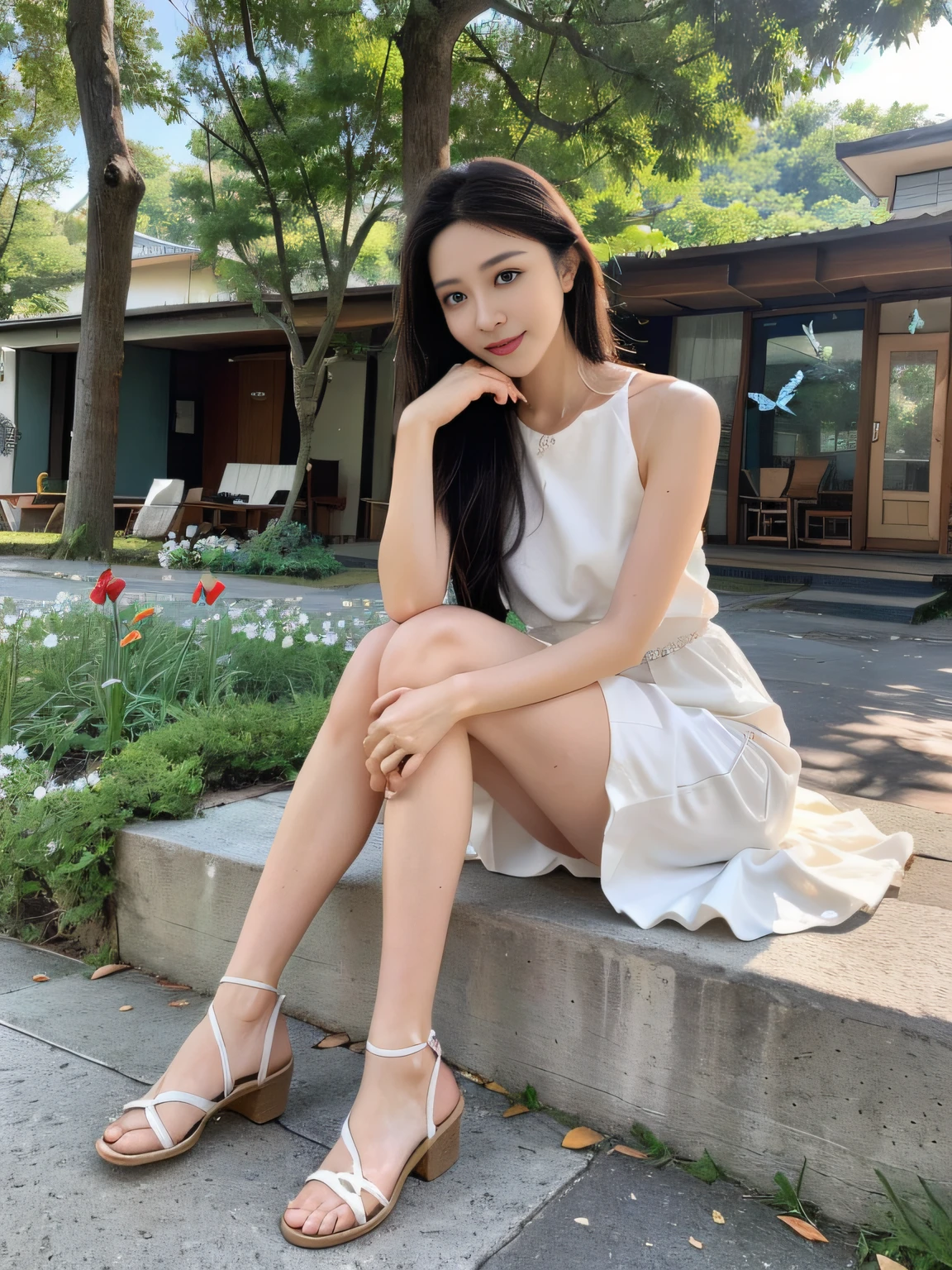 ,Masterpiece, Best quality,8K, 超高分辨率,Reallightandshadow,Cinema lenses,(beautidful eyes:1.1), ((中景 the scene is,The upper part of the body)),dynamicposes,exteriors,The gentle goddess came with gentle steps。She wore a white dress,A gentle breeze blows,The skirt dances lightly。The sun shone through the leaves in her hair,Reflecting her clear eyes and gentle smile。Colorful butterflies flutter around her,Flowers bloomed at her feet,It was as if nature was cheering for her。