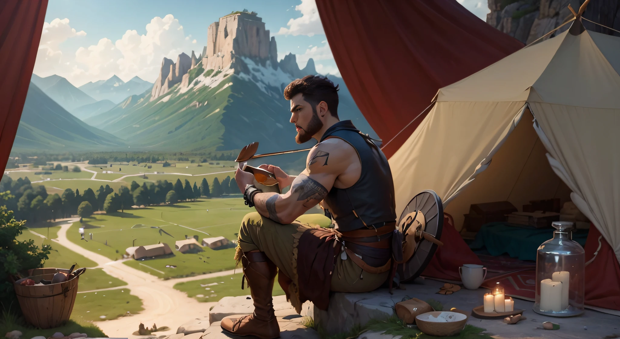 A young man sitting on the rock offering soup, another furry brute man sitting on the rock, Esau and Jacob, Bible story, tent in the background, quiver of arrows on the side