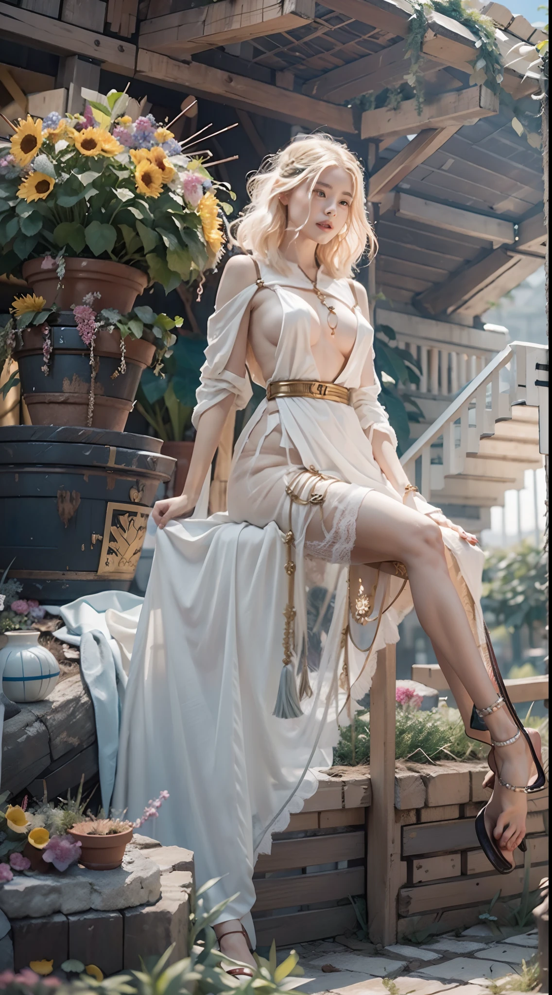 In a very grand scene，The extra-large wide-angle lens captures the appearance of a female centaur。She is tall，It has the ultimate curvy beauty，The muscles are slender and firm，Beautiful lines。She has（Super huge sky blue eyes：99.99），Always with sexy glasses。She wears solemn nun attire，Stepping on a boot-style skyscraper-heel，A pink cross hangs from his chest。（In front of her is a potted plant with a smiling sunflower plant：99.99）。Use Midjourney's advanced tools，Design noble and solemn nun costumes for female centaurs，and highlight her unique physiological characteristics and appearance details，Add realism。And in the background of her prayers，Spectacular views of nature，Such as the sky where storms and sunny days alternate、Brilliant rivers of stars and auroras、The snow-capped summit of Mount Everest、Fireworks in the mountain town, etc。ao mesmo tempo，Away from the hustle and bustle next to the chapel，Create a fantastic scene。Use Midjourney's advanced tools and multiple color palettes、Brush Strokes、Texture tools and model packages，It shows a sense of atmosphere where beauty and charm coexist。The charm of the female centaur is highlighted through color and lines，Enhance realism with detailing，Create a surreal dreamy feeling。Additionally，Use Midjourney's tools to add various exorcism props and books to the female centaur、pergaminhos，Create intricate hairstyles and outfits，Give her a sense of premium。She never flinches，No matter what monster you encounter，can respond quickly，Even the most extreme armies of natural disasters and monsters could not stop her and her front（It exudes the glow of the sun：9.9）Sunflower。Use Midjourney's powerful tools，You can do it with incredible detail and beauty，Bring this ultra-grand and beautiful scene to life。Ultra-grand scenes，super wide shot， hdr，（真实感，Masterpiece quality，best qualtiy），