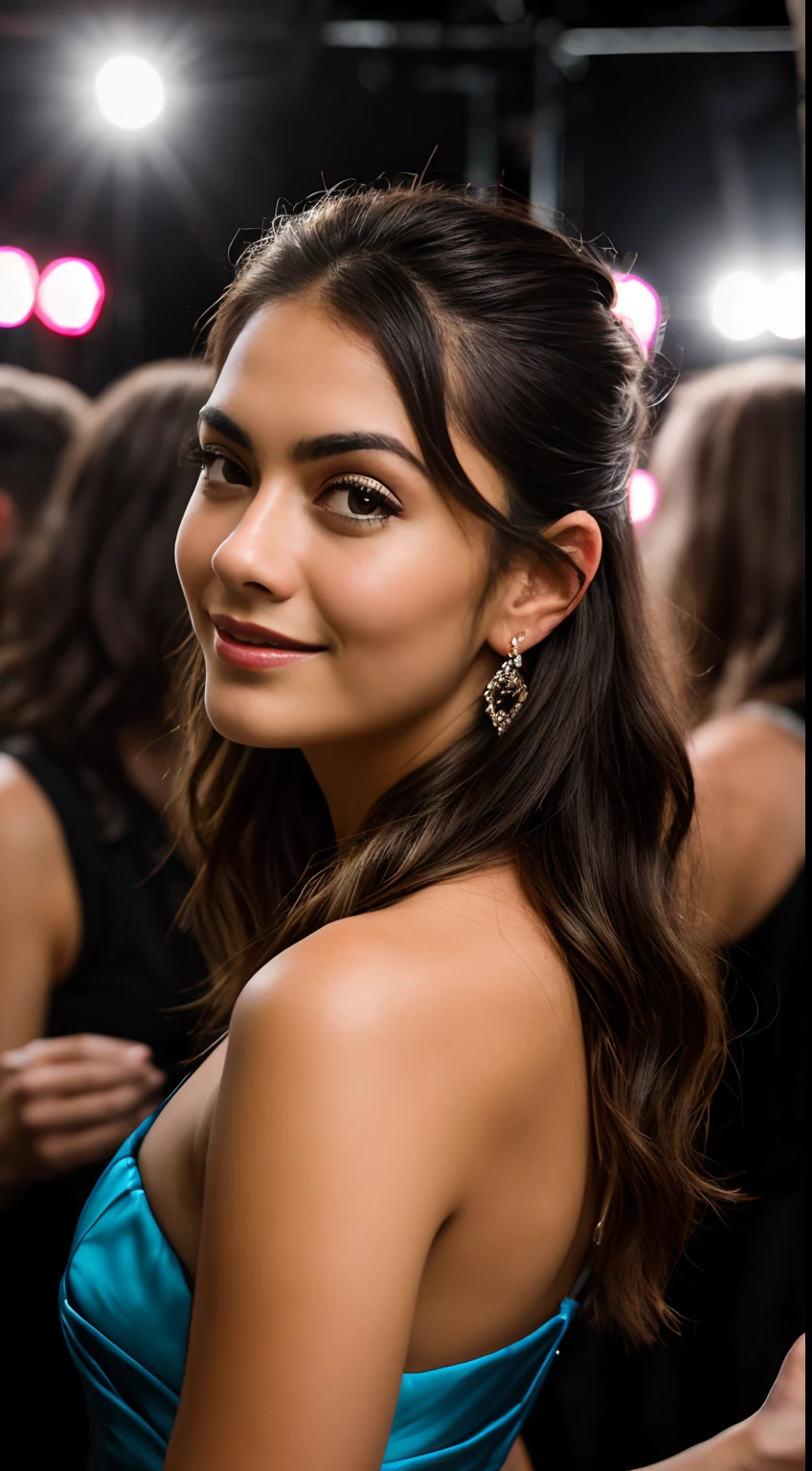 Candid photo of a 20-year-old partying backstage, Cara detallada, HDR, foto realista, foto ocasional, Aspecto formal, fotorrealista, Beautiful, 8k UHD, alta calidad, Film grain, Fujifilm XT3