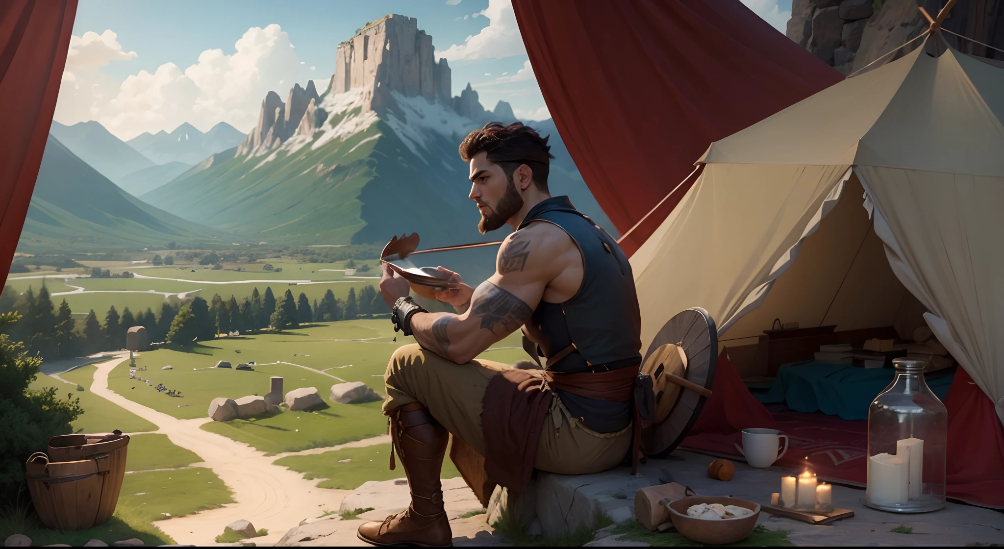 A young man sitting on the rock offering soup, another furry brute man sitting on the rock, Esau and Jacob, Bible story, tent in the background, quiver of arrows on the side