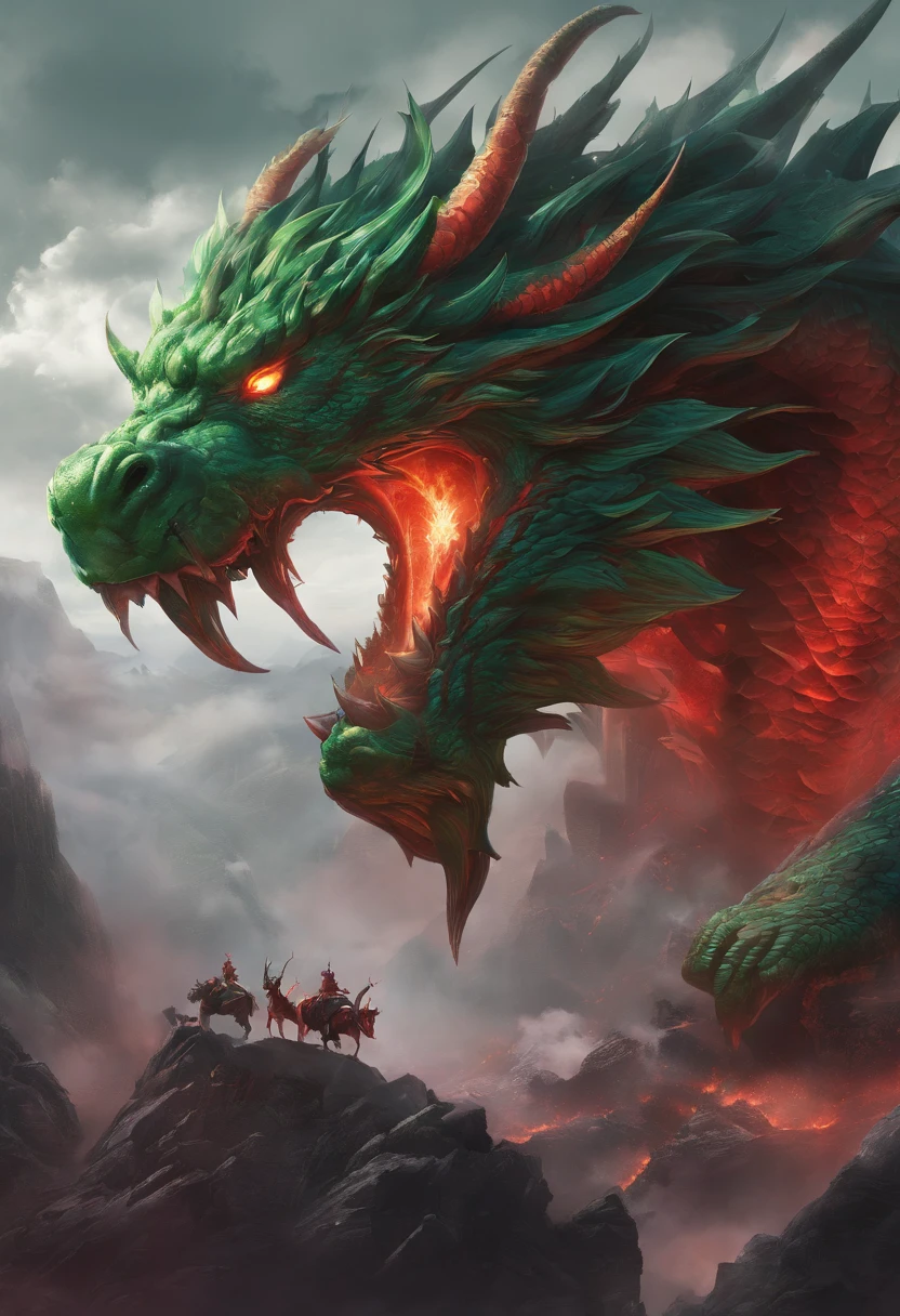 China-style，Chinese mythology，Chinese Green Dragon，tosen，Ferocious，gargantuan，The eyes glow red，Glow effects，surrounded by cloud，Thick clouds，中景 the scene is，Full body like， highly detailed surreal vfx，oc rendered， - AR 16:9 --q 2 --s 1000