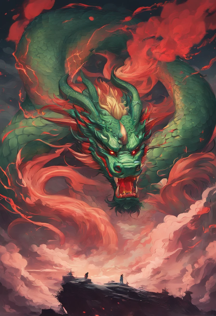 China-style，Chinese mythology，Chinese Green Dragon，tosen，Ferocious，gargantuan，The eyes glow red，Glow effects，surrounded by cloud，Thick clouds，中景 the scene is，Full body like， highly detailed surreal vfx，oc rendered， - AR 16:9 --q 2 --s 1000
