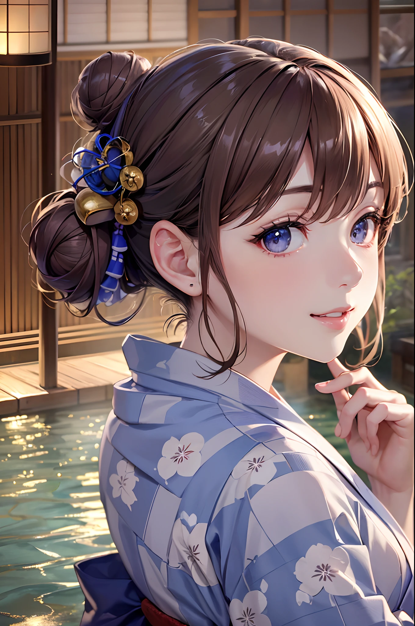 ​masterpiece, 1 beautiful girls, detaileds, top-quality, 超A high resolution, (Realistis: 1.4), OriginalPhotographs, 电影灯光, A smile, Asian Beauty, very extremely beautiful, Slightly younger face, Beautiful skins, slender, (A hyper-realistic), (hight resolution), (8K), (ighly detailed), (The best illustrations), (beautifully detailed eyes), (ultra-detailliert), (wall-paper), (详细的脸), looking at the viewers, fine detailed, A detailed face、pureerosfaceace_v1、46-point diagonal bangs、beautidful eyes、Beautiful charming anime girl with open mouth、(in onsen:1.5)、(Nice yukata:1.5)、(Hair bun:1.5)、(From below:1.5)(Shoulder out:1.5)