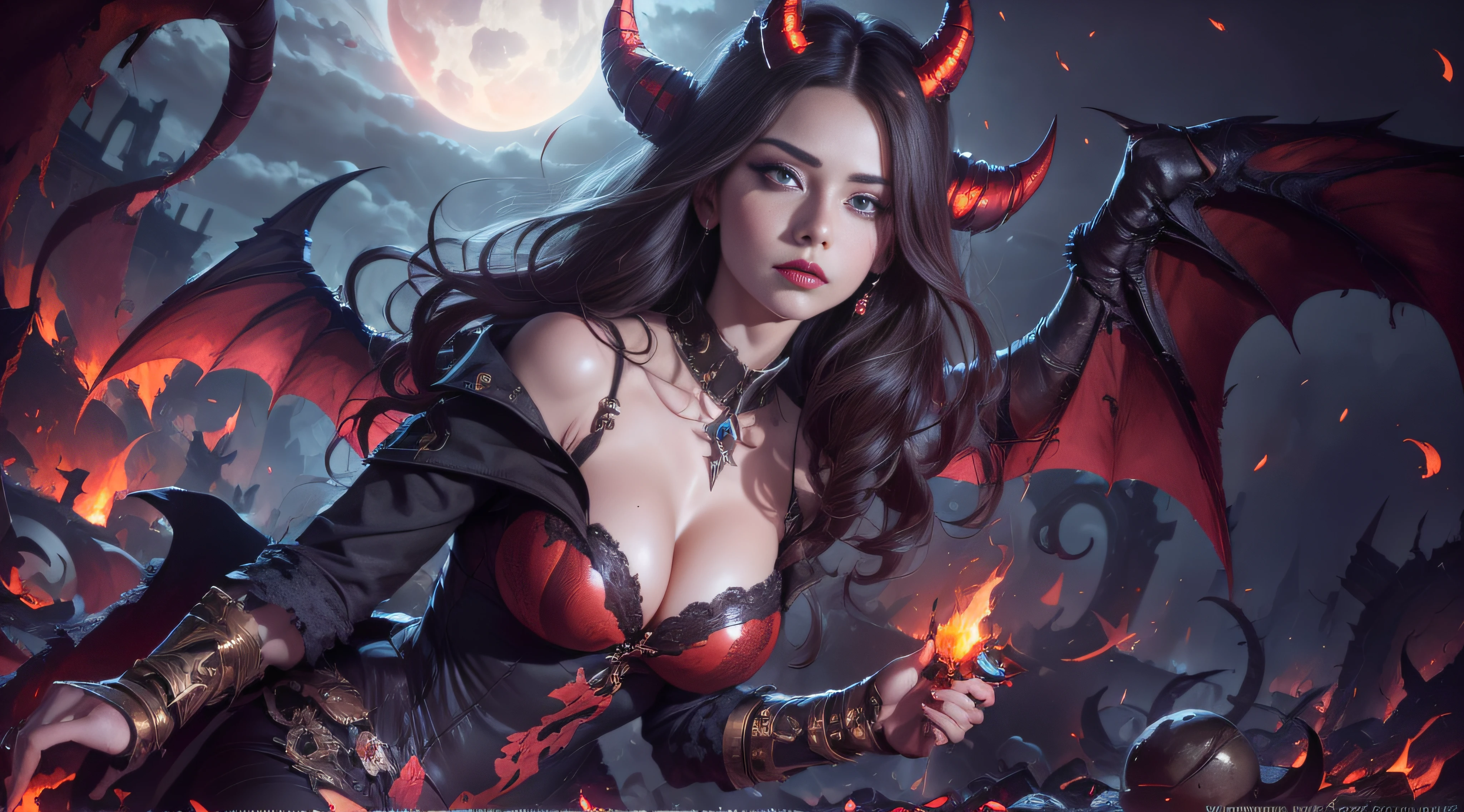 Beautiful underworld demoness stands defiant amongst the fire and ruins she created