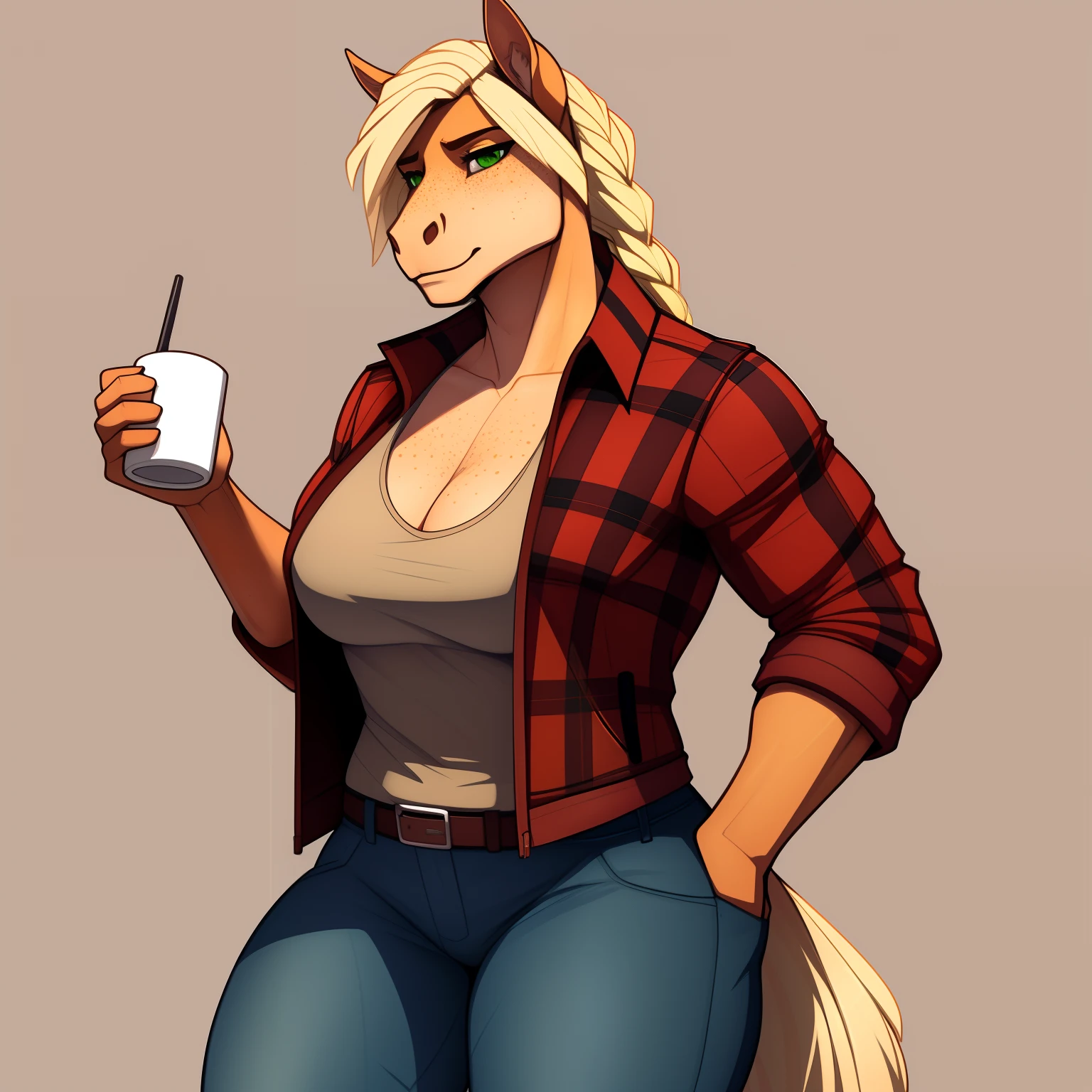 muscular_mature_horse female blonde_mane long_single_braid orange_brown_furry_body green_eyes freckles scarred_body plaid_jacket tank_top jeans thick_thighs solo Masterpiece best_quality absurdres highly_detailed cleanly_drawn_eyes anthro_only by_claweddrip, by_greasymojo, by_underscore-b, by_runawaystride