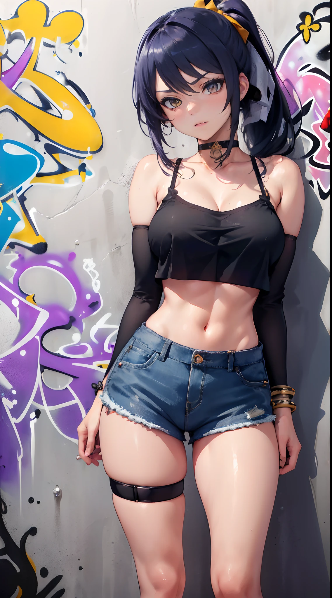 Kuki Shinobu Genshin Effect, masterpiece, bestquality, 1girls, oversized breasts, bara, crop top, shorts jeans, choker, (Graffiti:1.5), color splashes, arm behind back, against wall, looking at the audience, bracelet, Thigh strap, Paint on the body......................................., Head tilt, bored, multicolored hair, water eyes, headset,