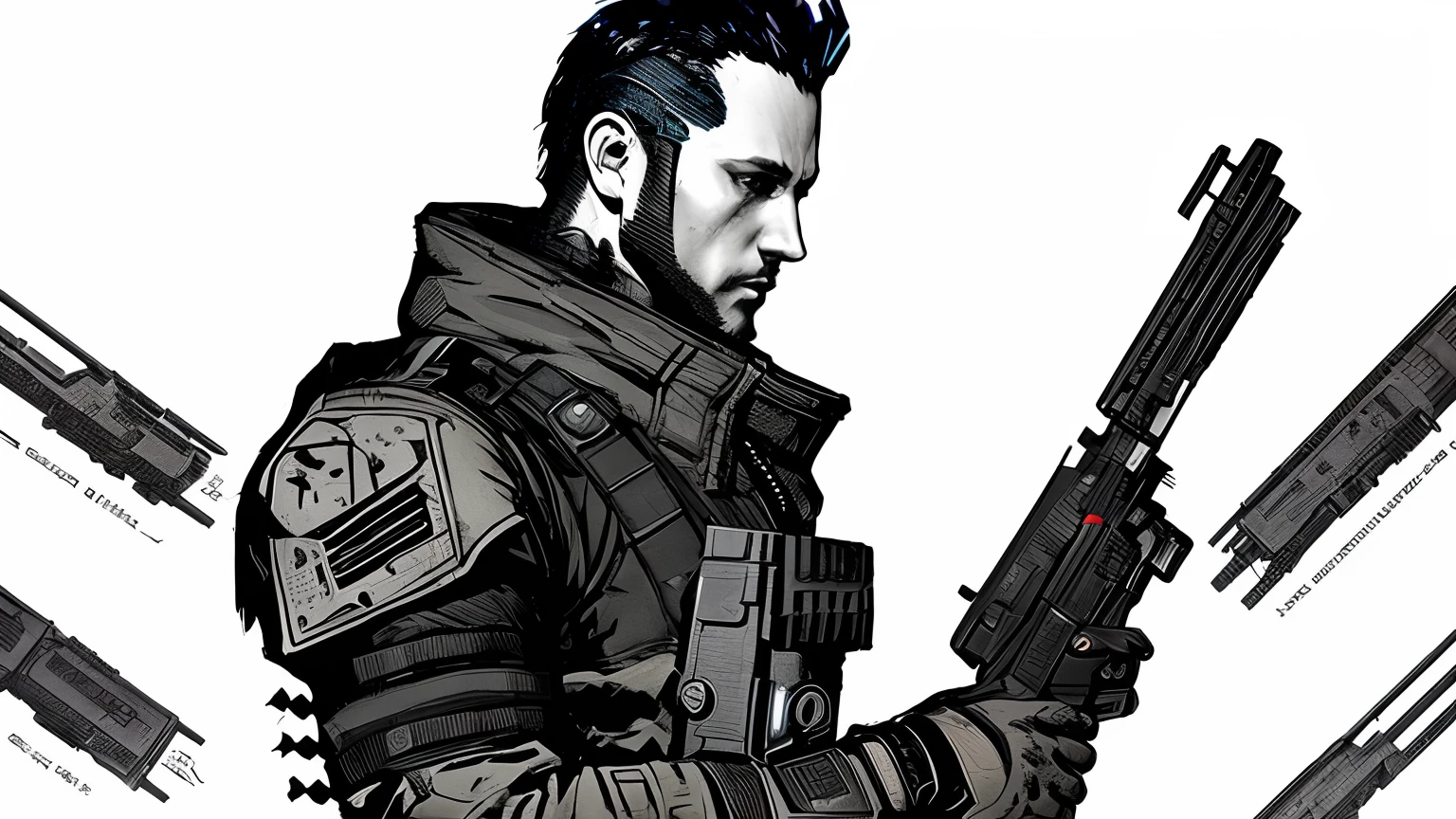 Drawing of a man with a gun in his hand, character art closeup, character art the contra, Josan Gonzalez, Character illustrations, Shadowrun character art, Cyberpunk character design, cyberpunk character art, detailed character art, Art of video game characters, official character art, Cyberpunk Soldier, Character Profile, Video game character design