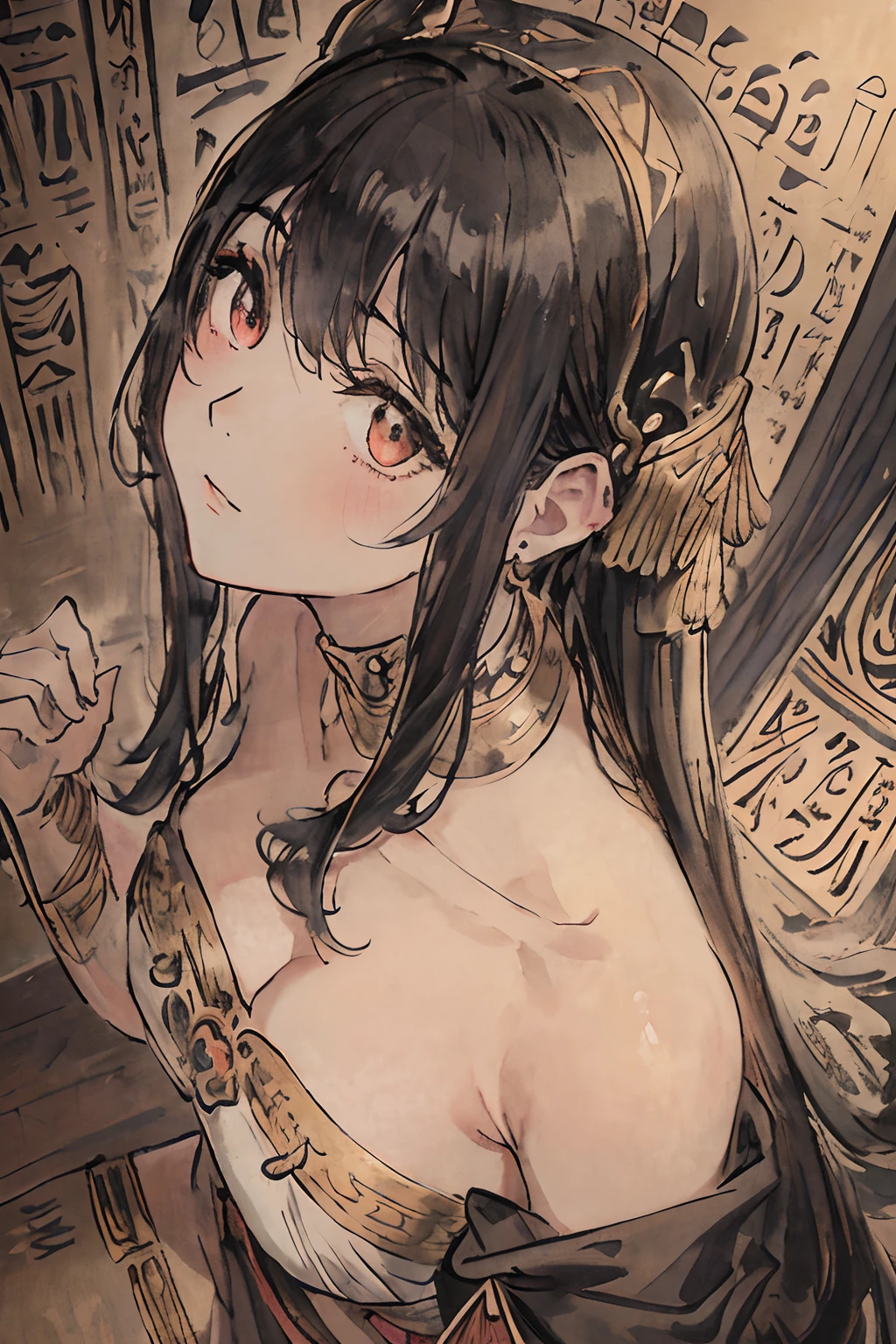 masterpiece、top-quality、Very delicate and beautiful girl、well-muscled、world masterpiece theater、Ultra-fine、top-quality、A sexy、A dark-haired、girl with、Ancient Egypt、hieroglyph、top-quality、illustratio、barechested、mystical、Looking up、an oil painting、realism、realisitic