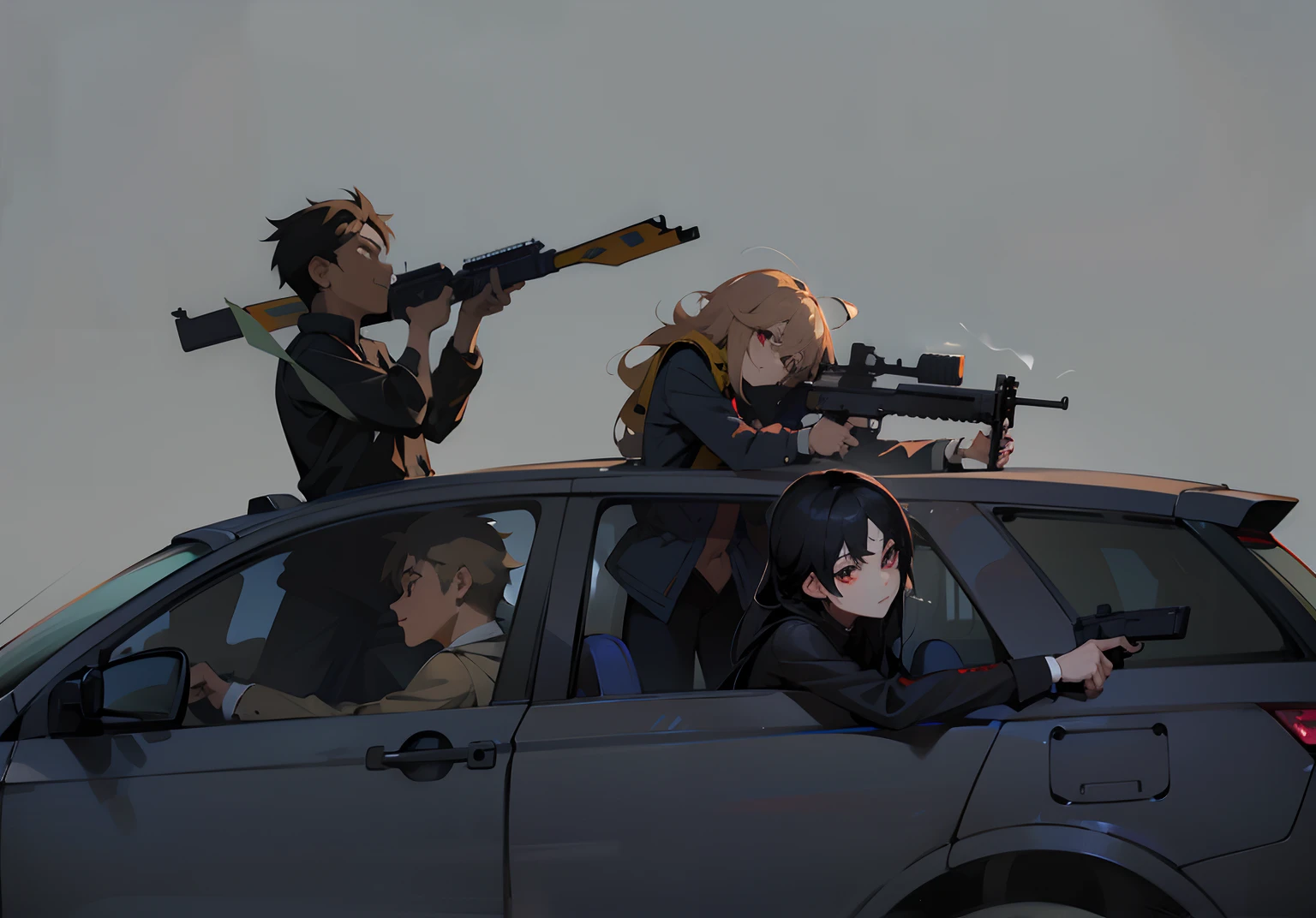 Anime characters sitting in cars,There are guns on it, Guviz-style artwork, Badass anime 8 K, Guviz, author:New Art, author:yanjun cheng, anime machine gun fire, Guweiz in Pixiv ArtStation, Guweiz on ArtStation Pixiv, modern anime style, author:Yoshihiko Wada,Car model optimization,photorealestic,The body has bullet holes and marks of collisions,Optimize weaponry