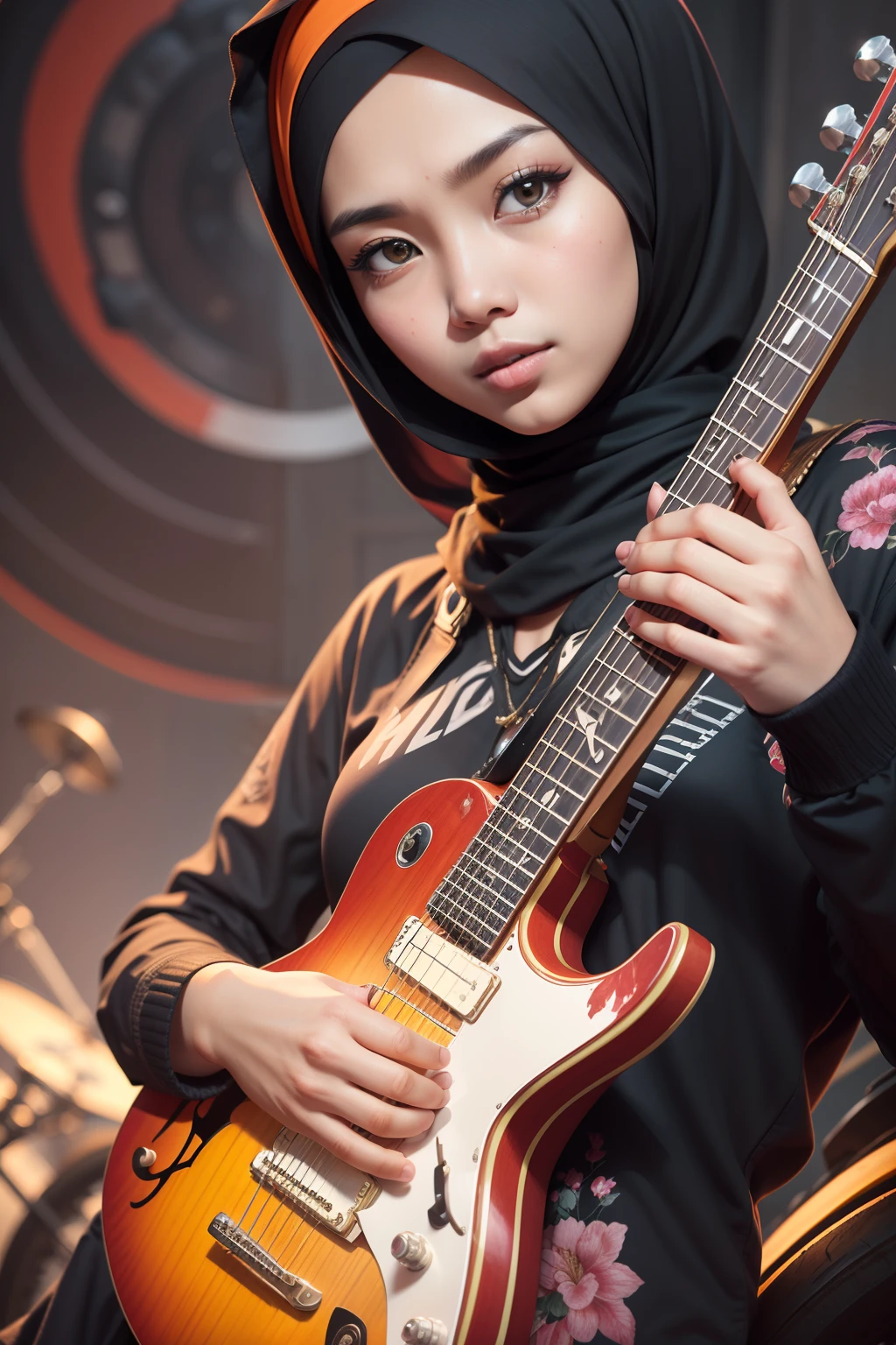 Capture a dynamic portrait of the Malay girl in hijab playing her guitar with fervor, her fingers strumming the strings passionately, while a powerful motorbike stands in the background, symbolizing her rebellious spirit.