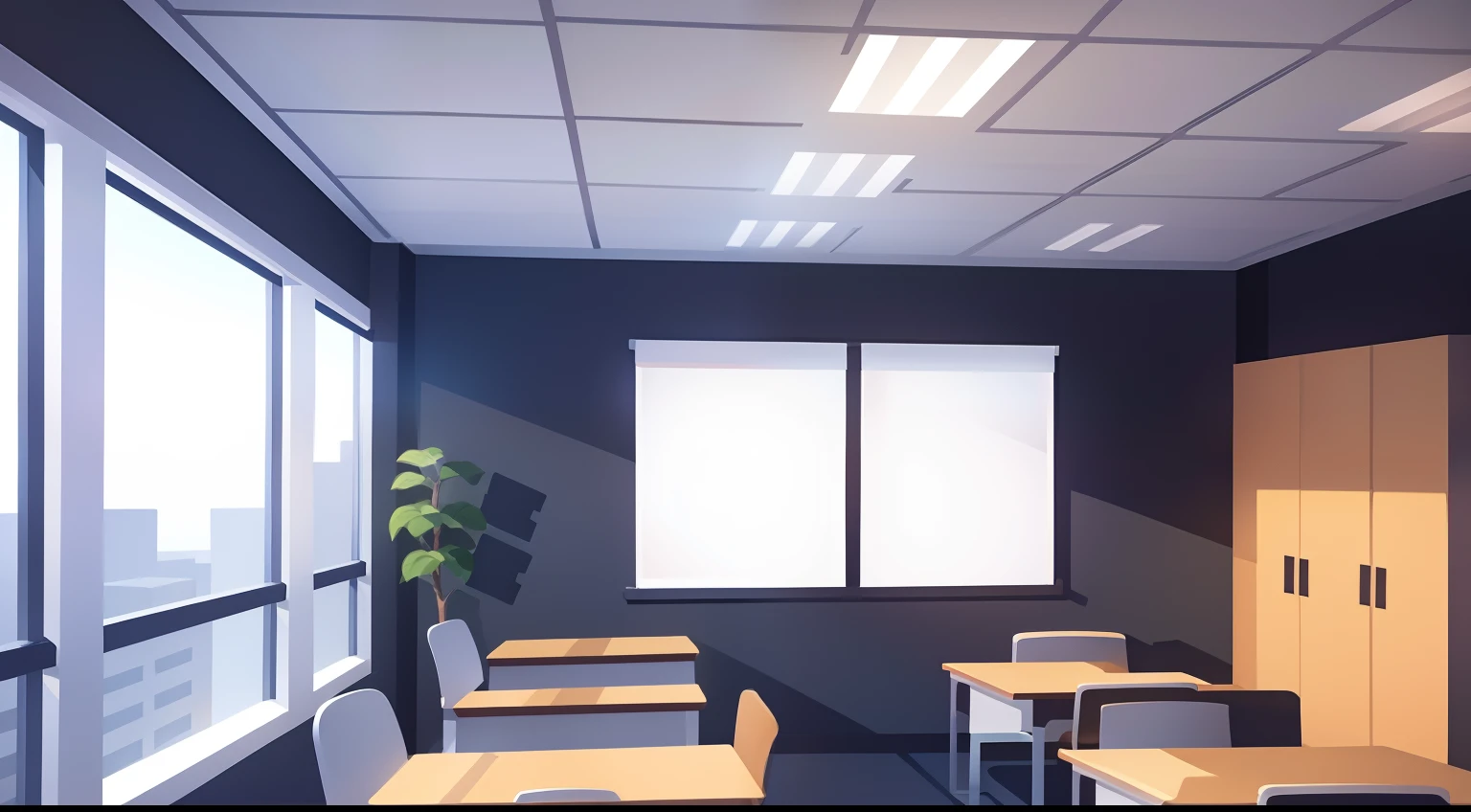 Office Wall、Large office、Business Desk、office chair、White cabinet、window、window shade、No person