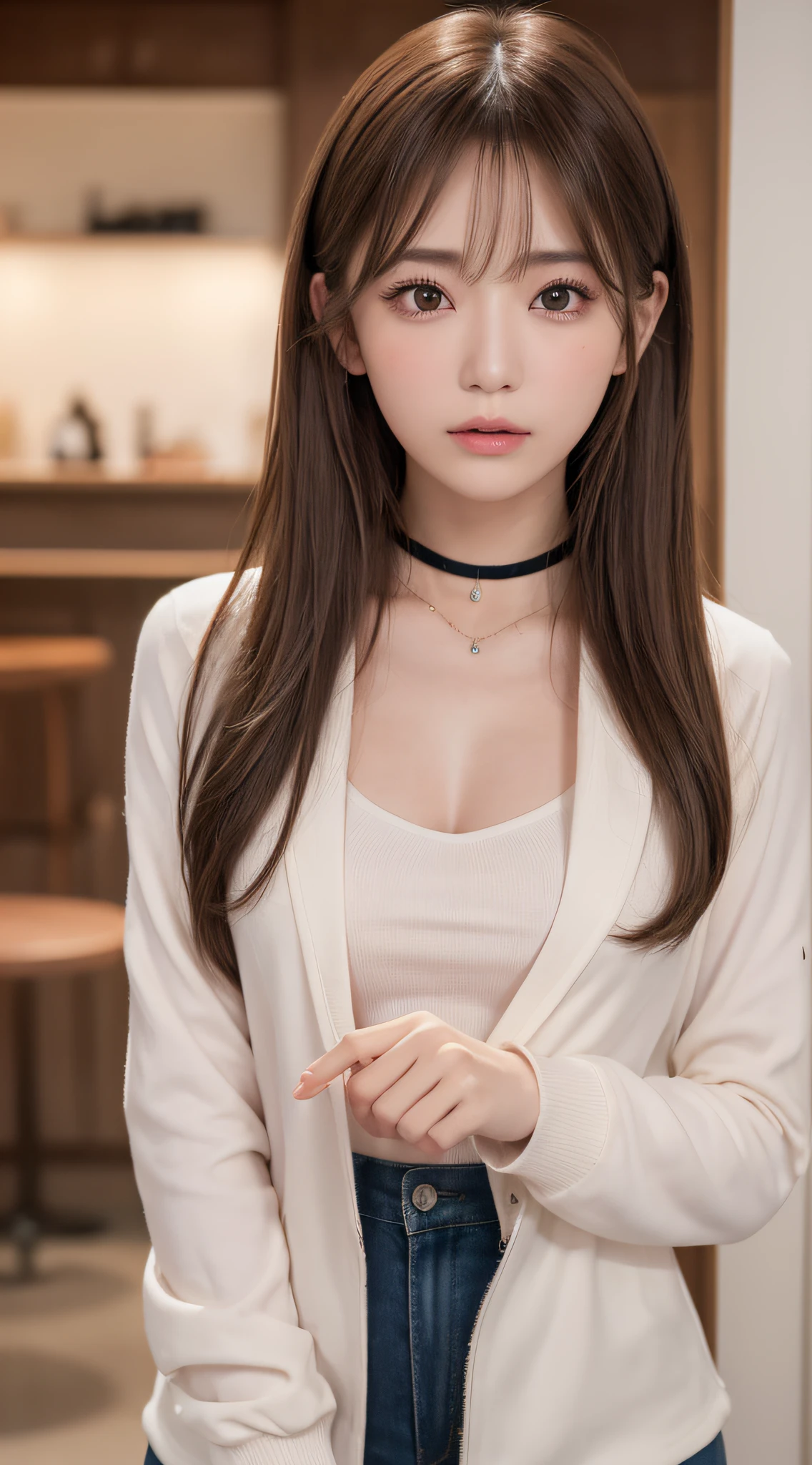 1womanl, (up of face:1.5), light brown hair, Blunt bangs, hair behind ear, hair over shoulder, Long hair, Ultra Fine Face, Thin face, Delicate lips, (beautidful eyes:1.5), thin blush, eyes are light brown,View here, Ultra-thin hands, Ultra-fine fingers, best ratio four finger and one thumb, white jaket, a choker ,Port Area ,One-person viewpoint, 8K, masutepiece, nffsw, Super Detail, High quality, Best Quality, hight resolution,