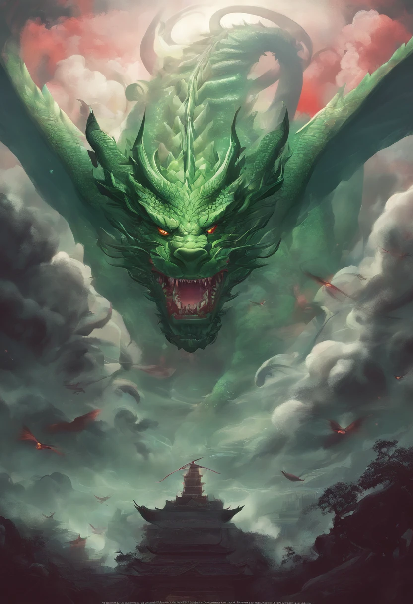 China-style,Chinese mythology,Chinese Green Dragon,tosen,Ferocious,gargantuan,The eyes glow red,Glow effects,surrounded by cloud,Thick clouds,中景 the scene is,Full body like, highly detailed surreal vfx,oc rendered,