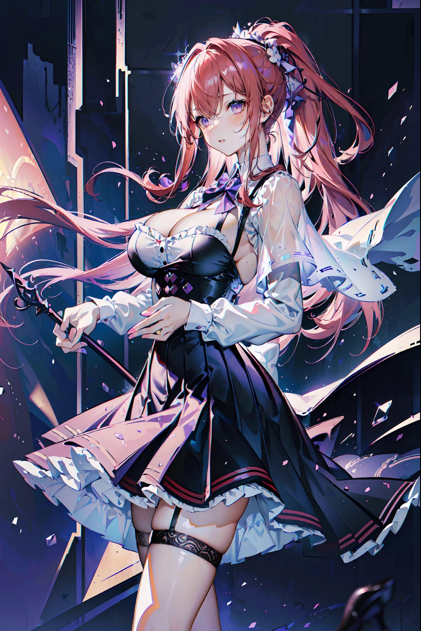 (Masterpiece, Best quality, High quality:1.4), Professional artwork, Intricate details, Field of View, Sharp focus, Detailed painting, Masterpiece, Cinematic lighting, trending on pixiv, (Vivid lighting, Vibrant colors, author：Nagasawa rose:1.05), (,A MILF:1.1), Solo, (Curvy:1.1), standing, (Full body shot:1.1),
(Red hair:1.05), Long hair, High ponytail, lipstick, Makeup, Ultra Detail Hair, Ultra Detail Face, (Purple eyes:1.05), Perfect eyes, Perfect face, (Confused, Blush:1.2), (black thighhigns, a garter belt:1.1), Pleated skirt, White shirt, high-heels,
(Large breasts:1.1), cleavage, Big ass, Thighs,