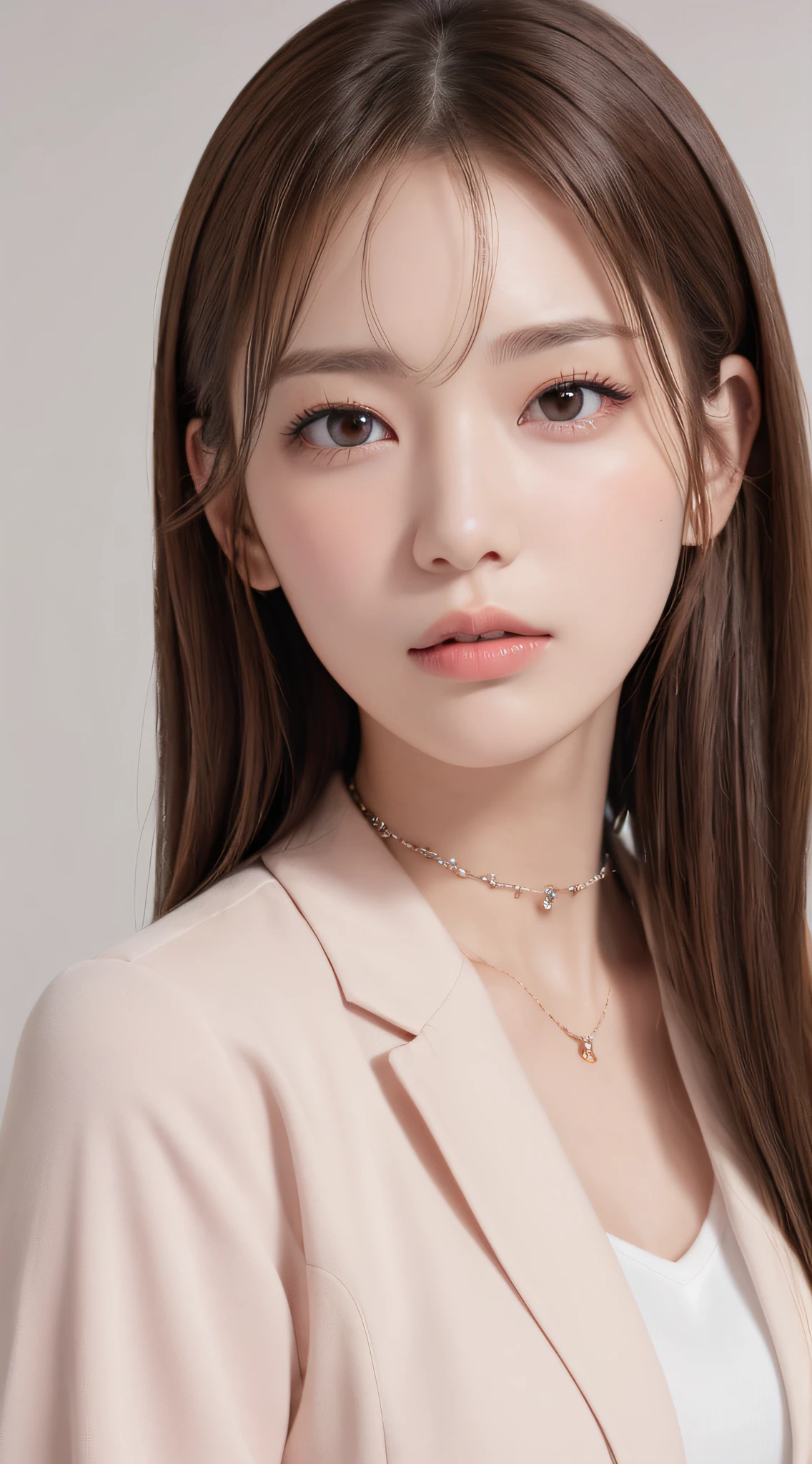 1womanl, (up of face:1.5), light brown hair, Blunt bangs, hair behind ear, hair over shoulder, Long hair, Ultra Fine Face, Thin face, Delicate lips, (beautidful eyes:1.5), thin blush, eyes are light brown,View here, Ultra-thin hands, Ultra-fine fingers, best ratio four finger and one thumb, white jaket, a choker ,Port Area ,One-person viewpoint,  8K, masutepiece, nffsw, Super Detail, High quality, Best Quality, hight resolution,