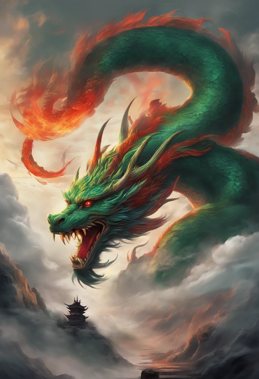 China-style，Chinese mythology，Chinese Green Dragon，tosen，Ferocious，gargantuan，The eyes glow red，Glow effects，surrounded by cloud，Thick clouds，中景 the scene is，Full body like， highly detailed surreal vfx，oc rendered，