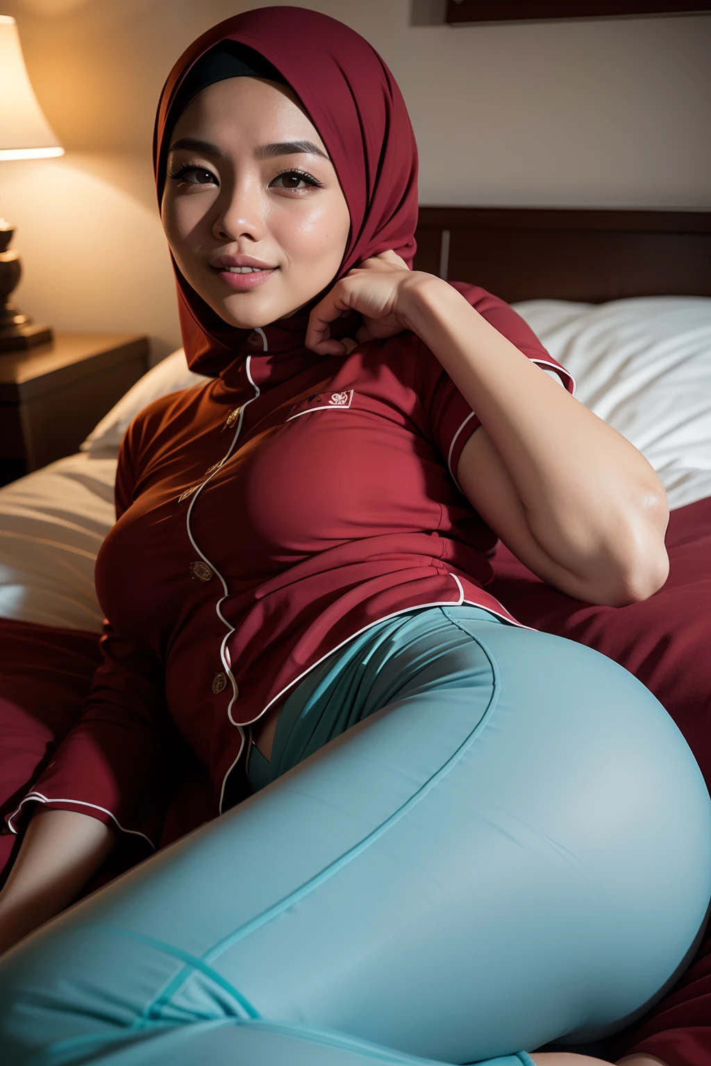 matured malay woman in hijab wearing sexy red color pajamas sleeping in bed portrait photography, lying in bed, mid shot photo, ultra detail, professional photograph with professional lighting, smile, light blue bed, bedroom, sexy seducing sleep pose, curvy