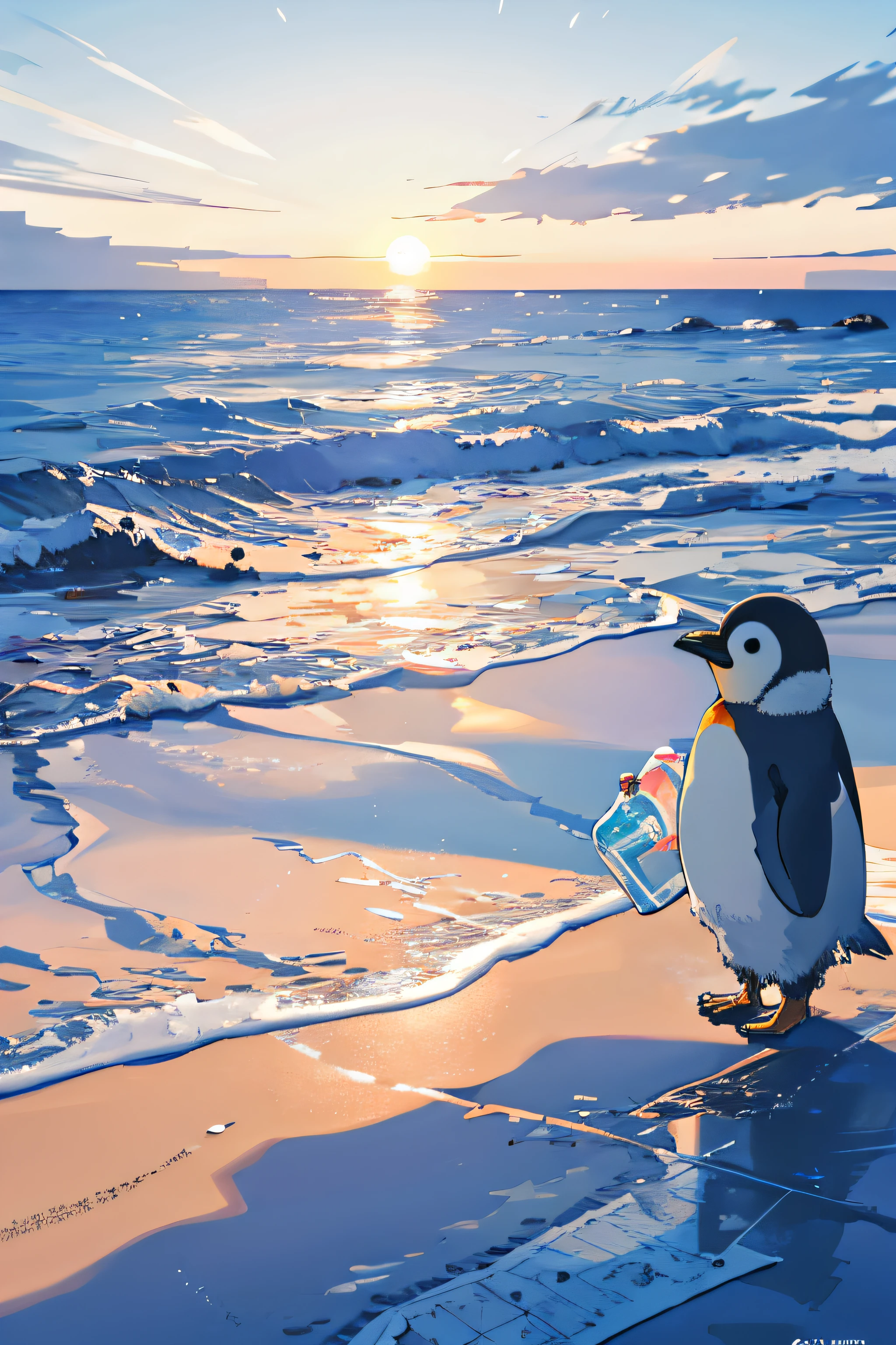 A penguin named Pedro is on the icy beach, holding a bottle with a map inside. He looks curiously at the map as the sun sets over the horizon.