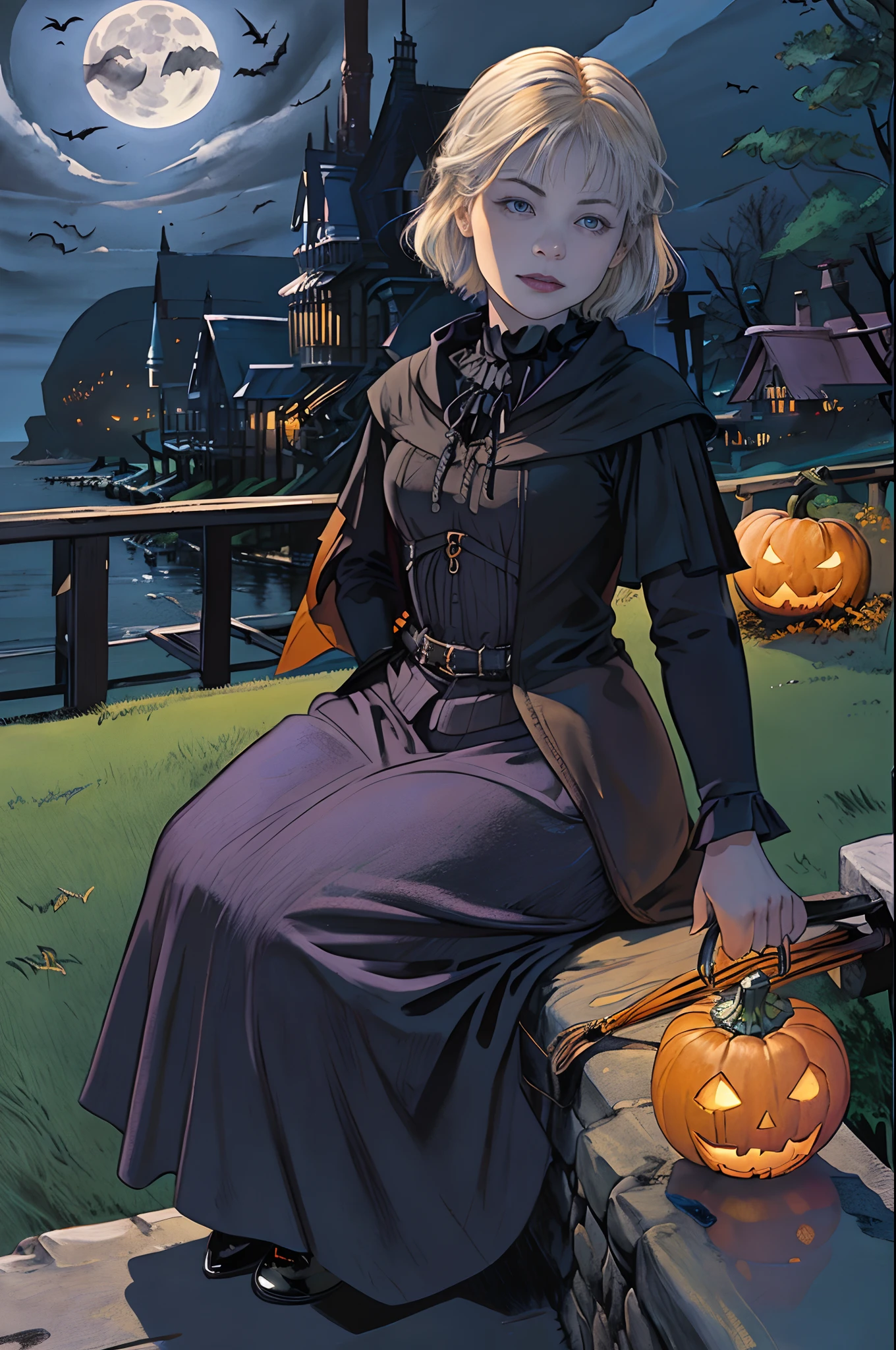 Top image quality、masterpiece、Vivid coloring、Edward Hopper's Style、Halloween、Aerial perspective、thirds rule、Norse in a witch's hat1People Beautiful Girl、slightly smaller eyes、Pretty small face、Light makeup、Platinum blonde short hair、middlebreasts、tall、sitting on、Full body like、witch's hat、cloaks、Black Gloves、long-sleeve、gothic dress、Bright pumpkin lantern、the bats、Old mansion、Stone walls、fullmoon