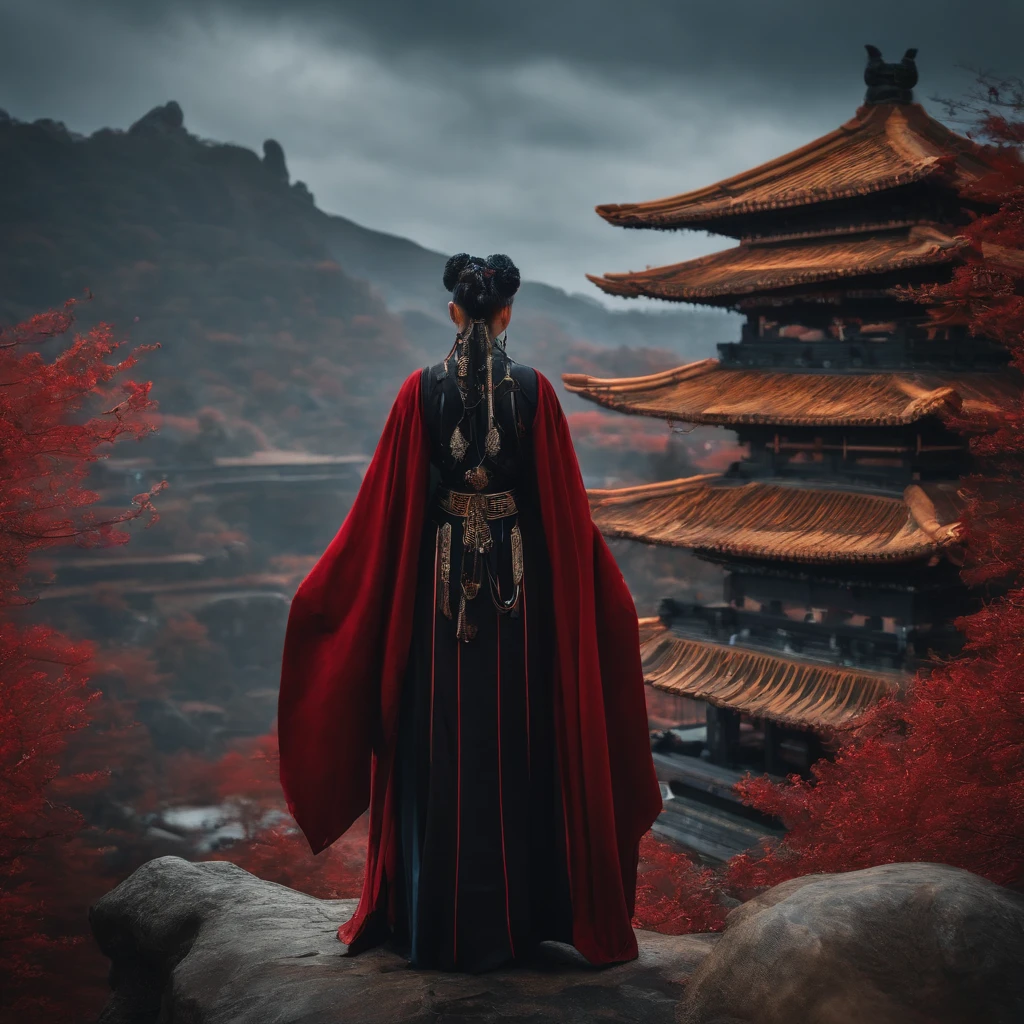 cyber punk perssonage,Taoist robes,cultivating immortals,water ink,High hills,self-assured,Fairy wind road bone,Blood flow in the background