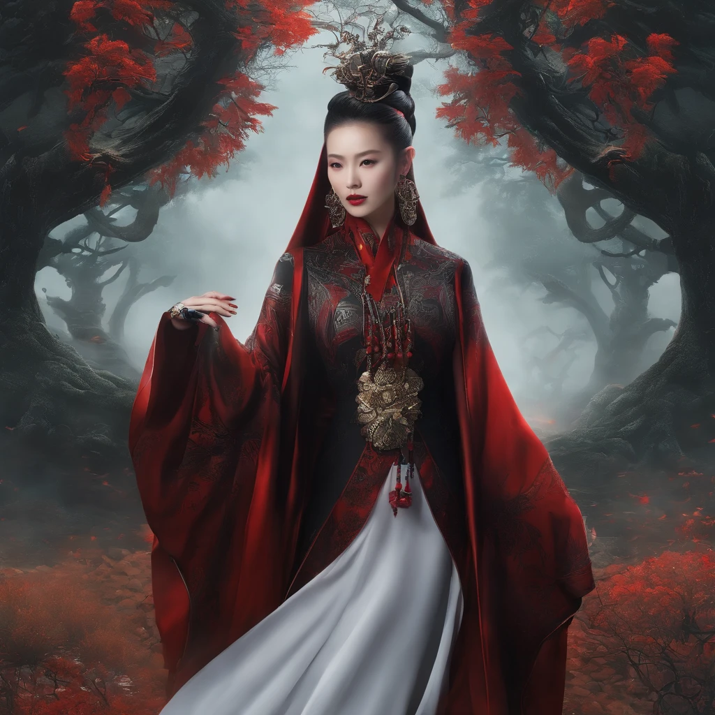 cyber punk perssonage,Taoist robes,cultivating immortals,water ink,High hills,self-assured,Fairy wind road bone,Blood flow in the background