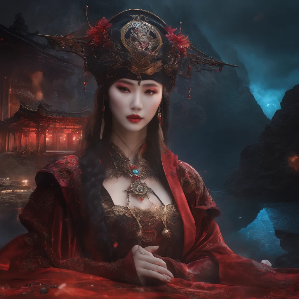 cyber punk perssonage,Taoist robes,cultivating immortals,water ink,High hills,self-assured,Fairy wind road bone,Blood flow in the background