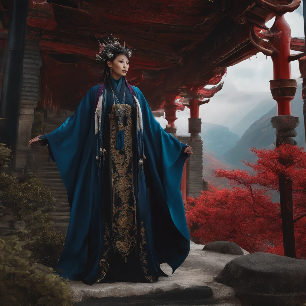 cyber punk perssonage,Taoist robes,cultivating immortals,water ink,High hills,self-assured,Fairy wind road bone,Blood flow in the background