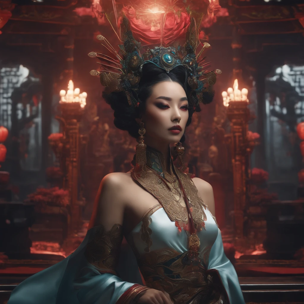 cyber punk perssonage，Taoist robes，cultivating immortals，water ink，High hills，self-assured，Fairy wind road bone，Blood flow in the background