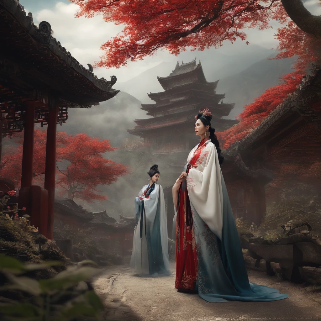 cyber punk perssonage,Taoist robes,cultivating immortals,water ink,High hills,self-assured,Fairy wind road bone,Blood flow in the background