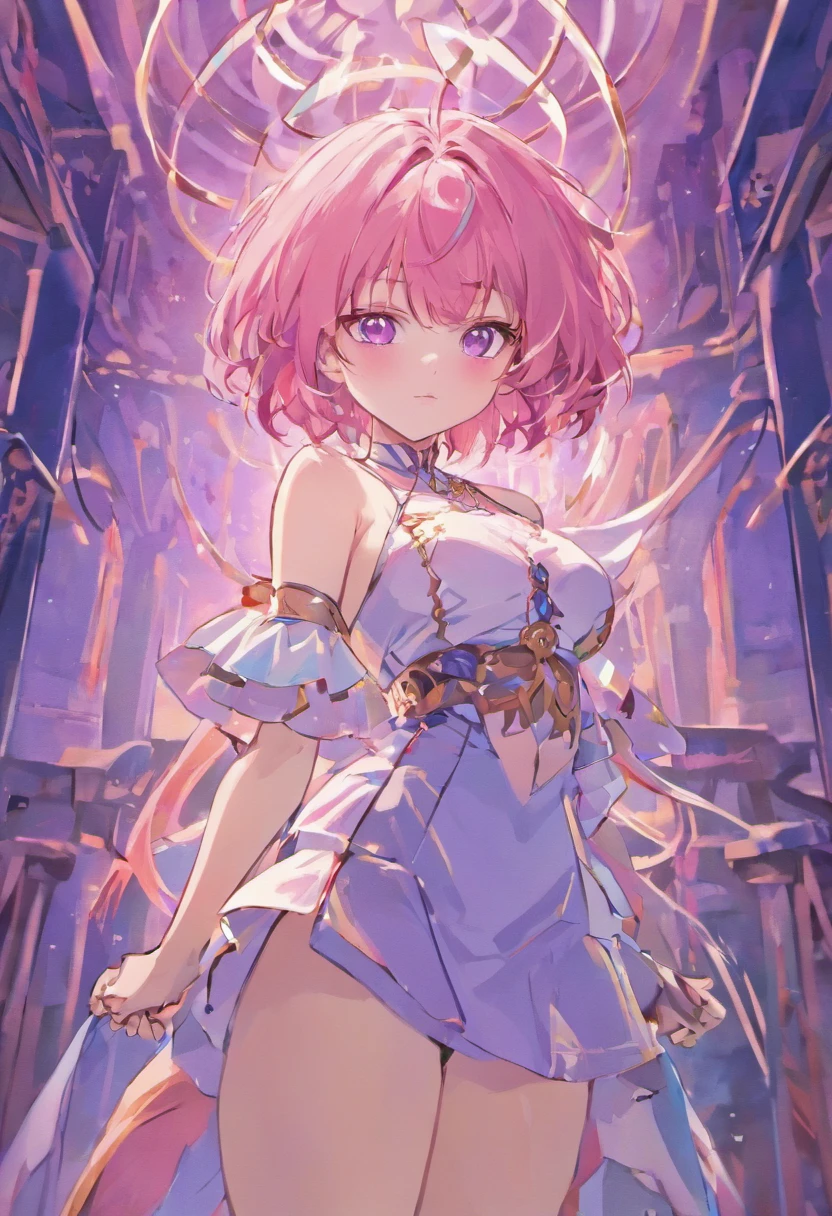 (Masterpiece, Best Quality, Highres:1.4), Detailed, Intricate Details, 4K,
1Girl, Solo, Mature, Standing, (astolfo \(fate\):1.1), (Facing Viewer:1.2), Upper Body,
Pink Hair, Medium Hair, Streaked Hair, Hair Ornament, 
Purple Eyes,
Cleavage Cutout, Cleavage, Black Skirt, Striped Thighhighs, 
(Large Breasts:1.2),
(White Background, Simple Background:1.4),