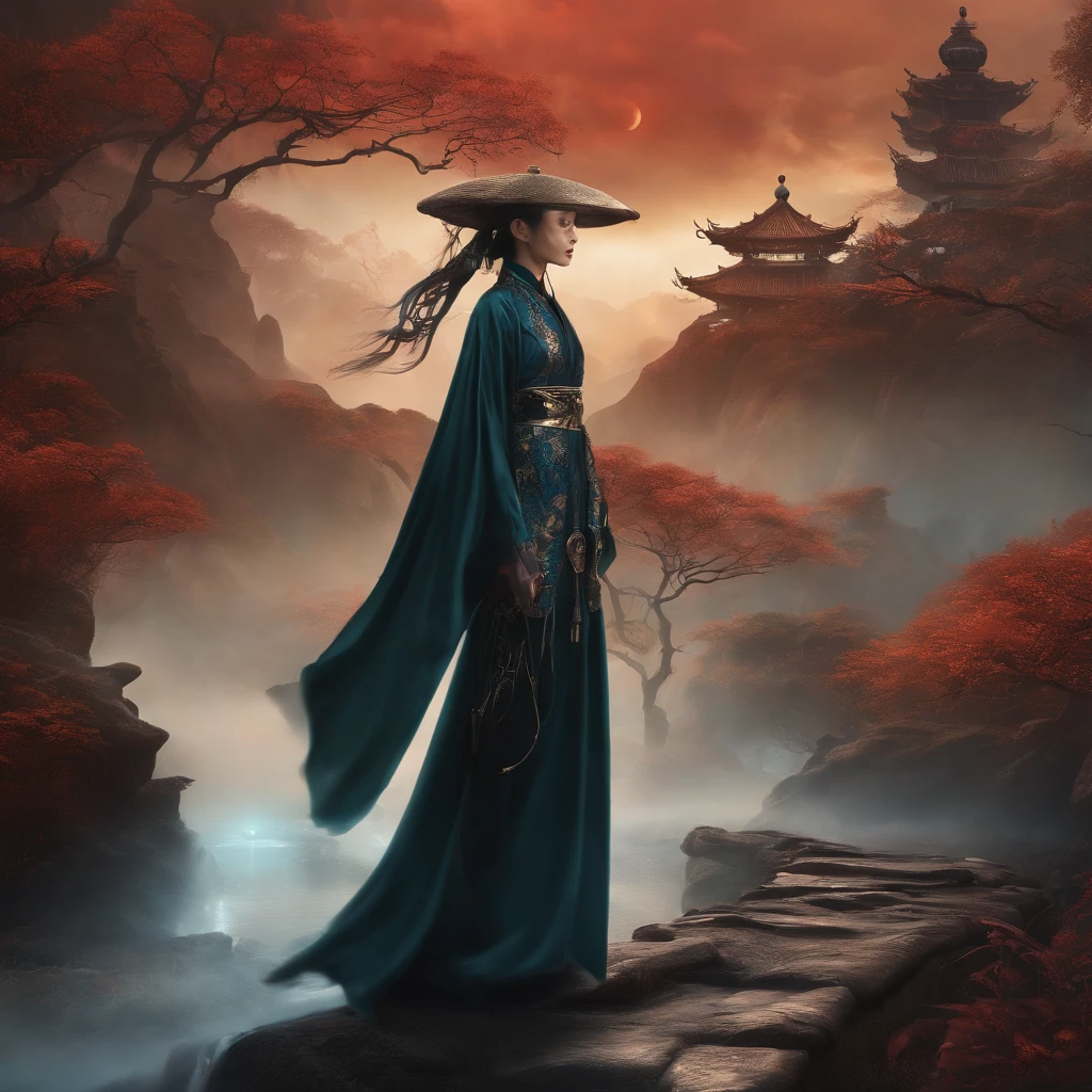 cyber punk perssonage,Taoist robes,cultivating immortals,water ink,High hills,self-assured,Fairy wind road bone,Blood flow in the background