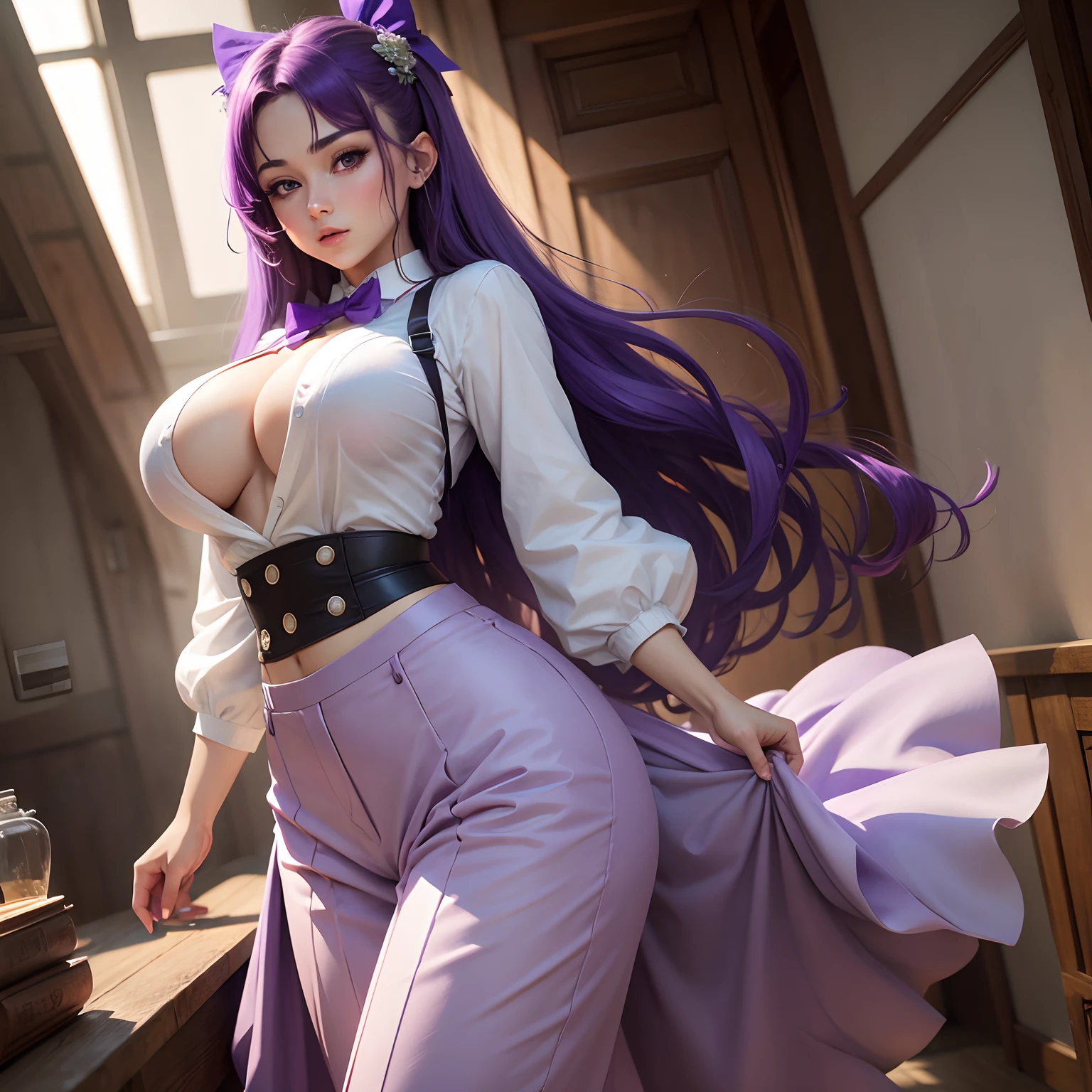 masterpiece, best quality, highres, 1girl, hi1, purple hair, purple eyes, large breasts, hair bow, skirt, pants, white shirt,