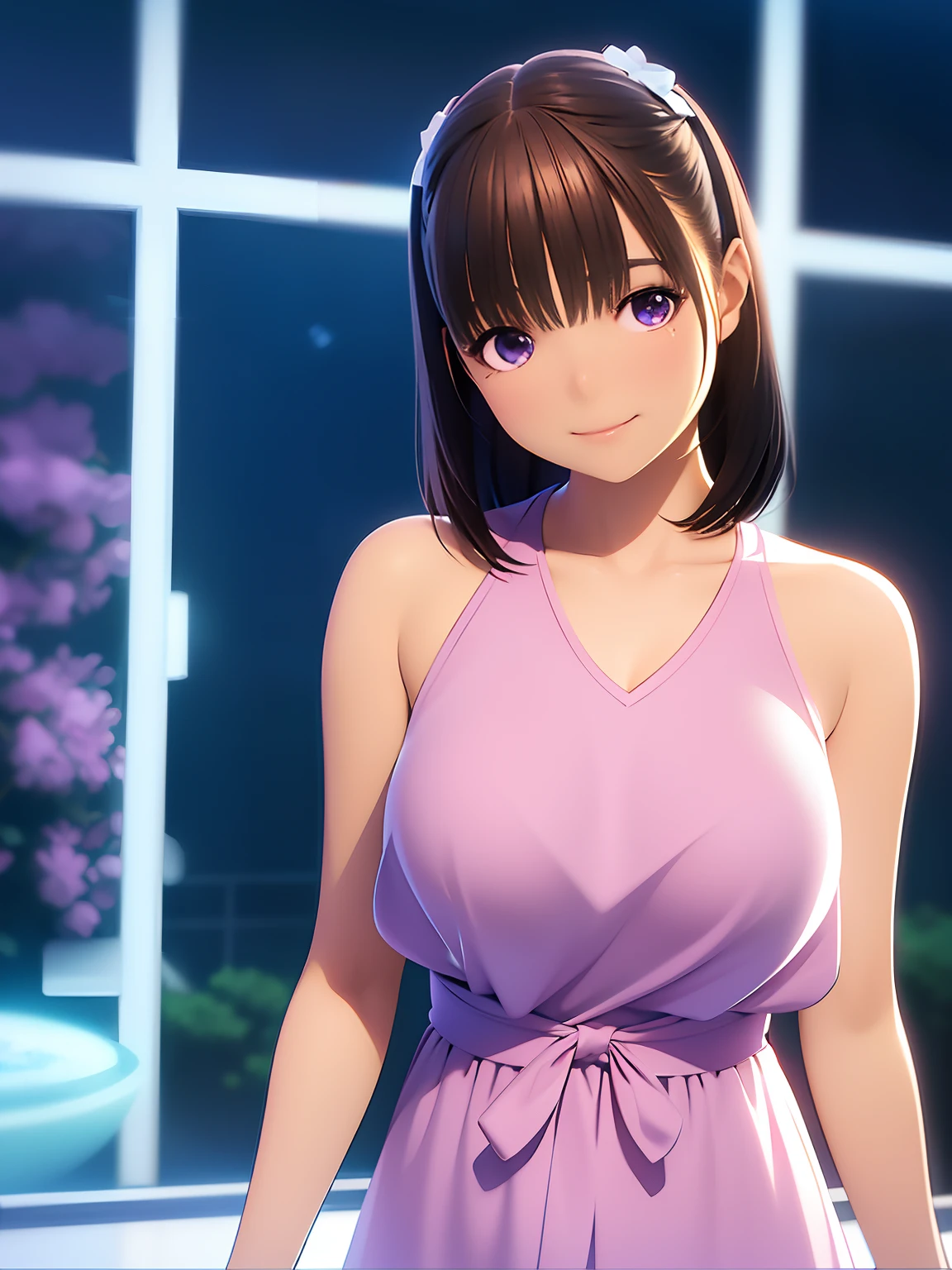 hight resolution,in 8K,Best Quality,detaileds,semi - realistic anime,Anime 3D Style,Smooth Anime CG,1 girl in,20 year old woman in Japan,slim,modeled,shiny chestnut hair,Medium Hair,Detailed face,Beautiful and detailed eyes,Glowing skin,Purple blouse,Fantastical aquarium,Shooting in the aquarium,Blurry background,