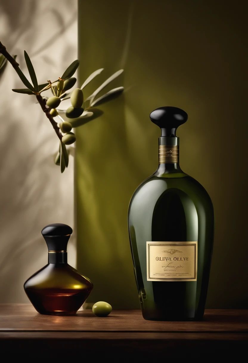 a flyer of a bottle of olive seems like a luxe bottle of parfum with a background of olive